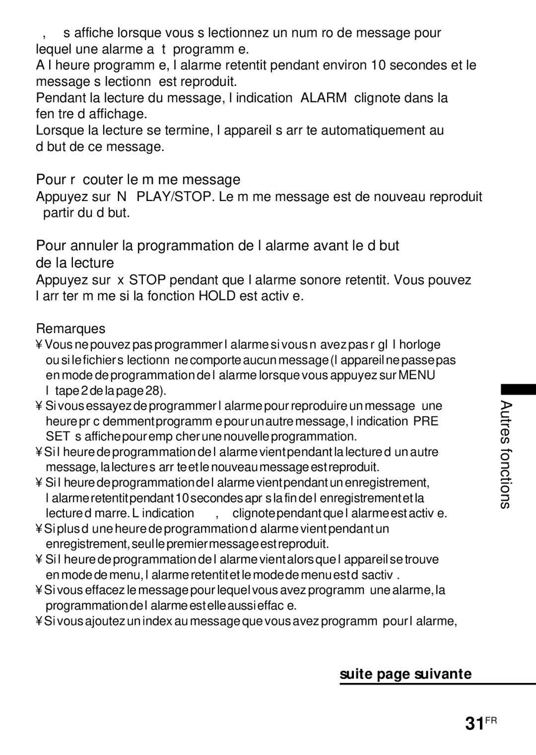 Sony ICD-R100PC operating instructions 31FR, Pour réécouter le même message, Autres fonctions Suite page suivante 