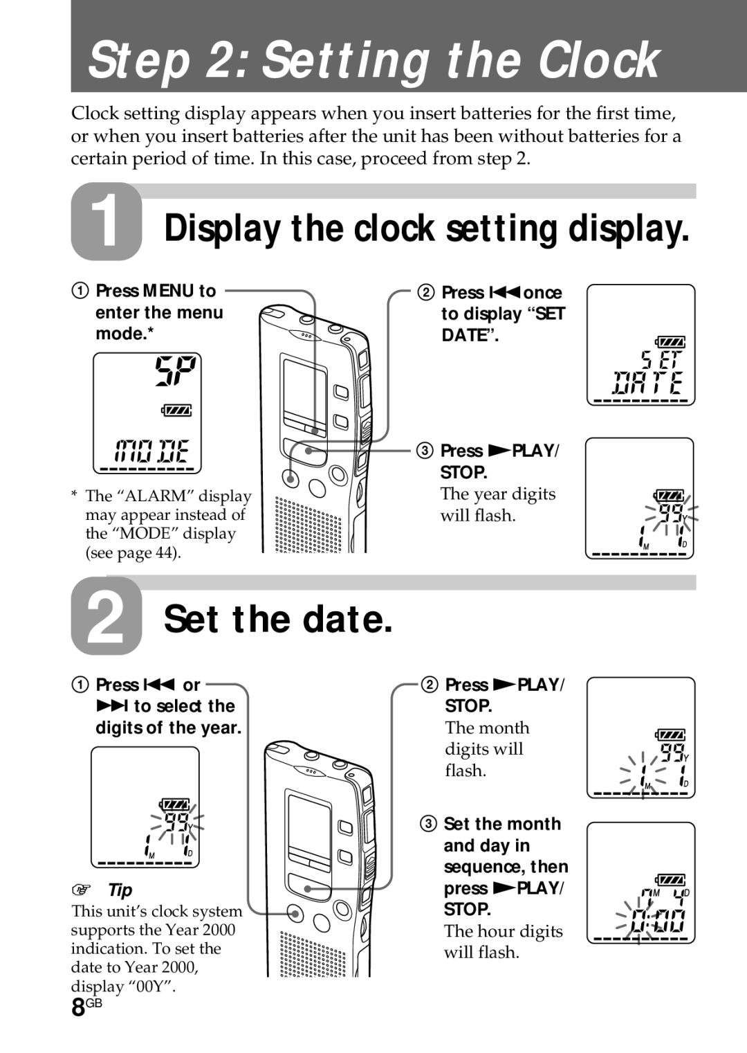 Sony ICD-R100PC operating instructions Setting the Clock, Set the date 