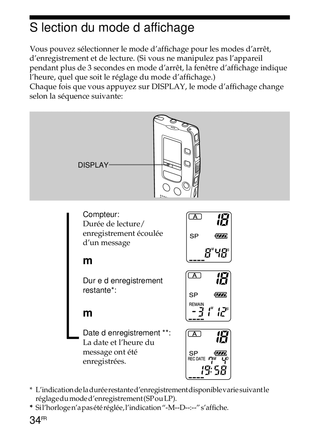 Sony ICD-R100PC operating instructions Sélection du mode d’affichage, 34FR 