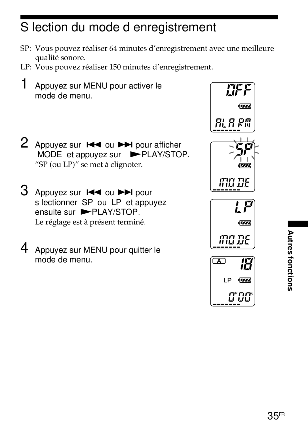 Sony ICD-R100PC Sélection du mode d’enregistrement, 35FR, Appuyez sur Menu pour activer le mode de menu 