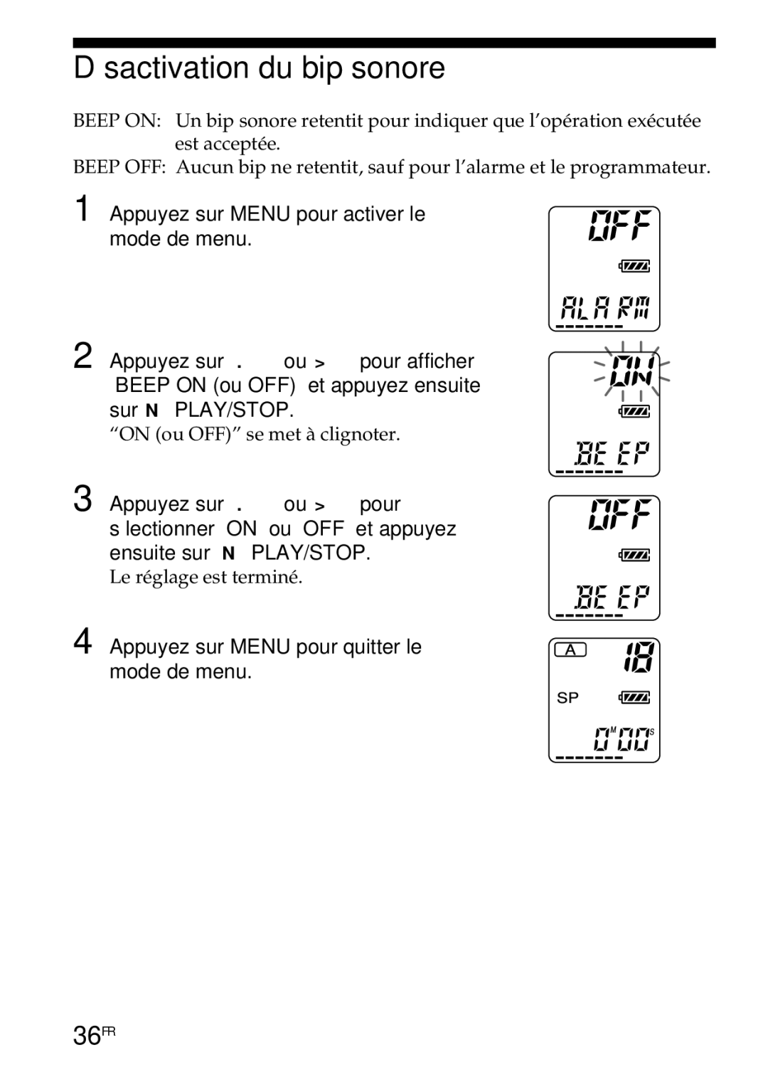 Sony ICD-R100PC operating instructions Désactivation du bip sonore, 36FR 