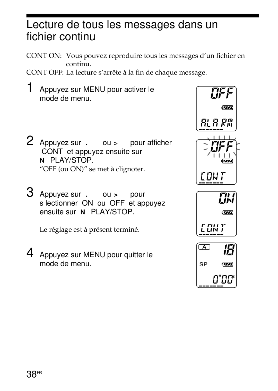 Sony ICD-R100PC operating instructions Lecture de tous les messages dans un fichier continu, 38FR 