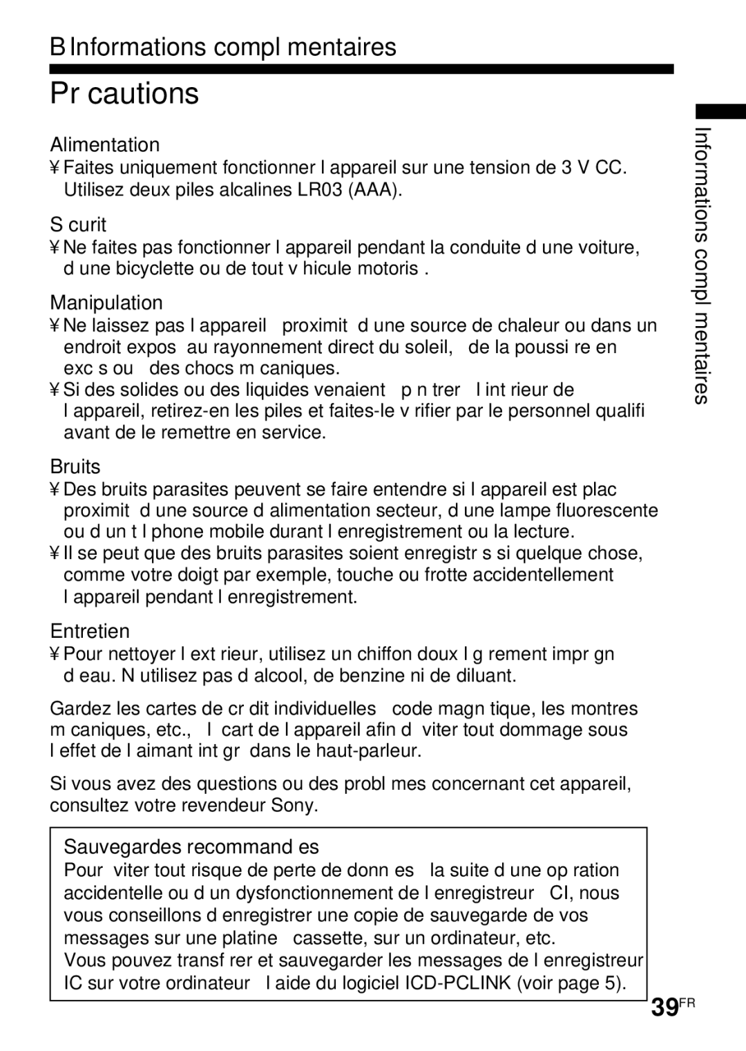 Sony ICD-R100PC operating instructions Précautions, 39FR 