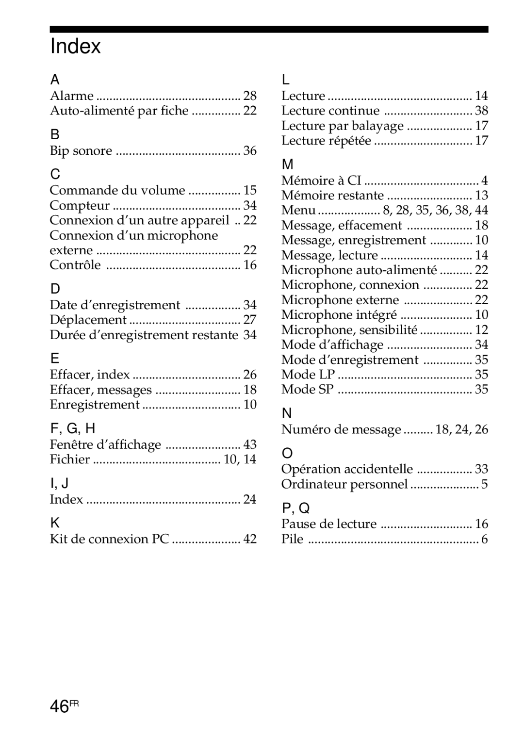 Sony ICD-R100PC operating instructions Index, 46FR 