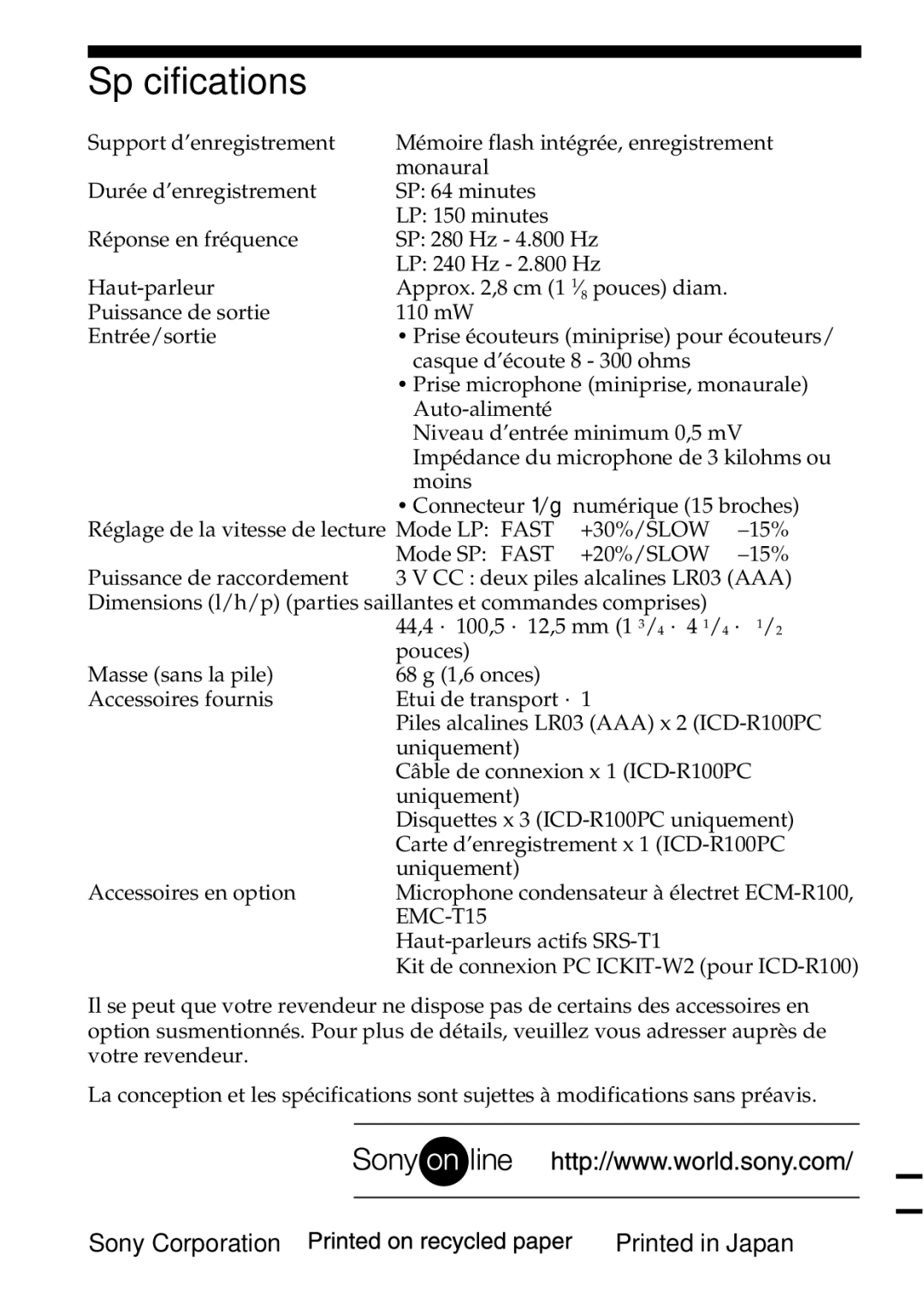 Sony ICD-R100PC operating instructions Spécifications, EMC-T15 