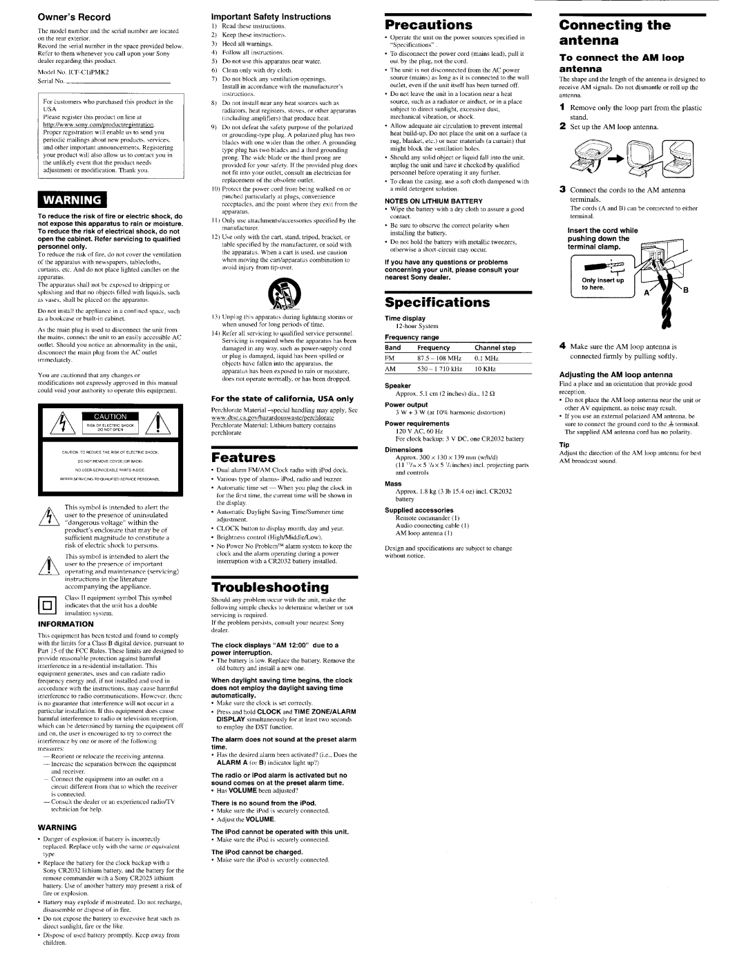 Sony ICF-C1PiPMK2, ICF-C1iPMK2 Features, Troubleshooting, Precautions, Specifications, Connecting the antenna 