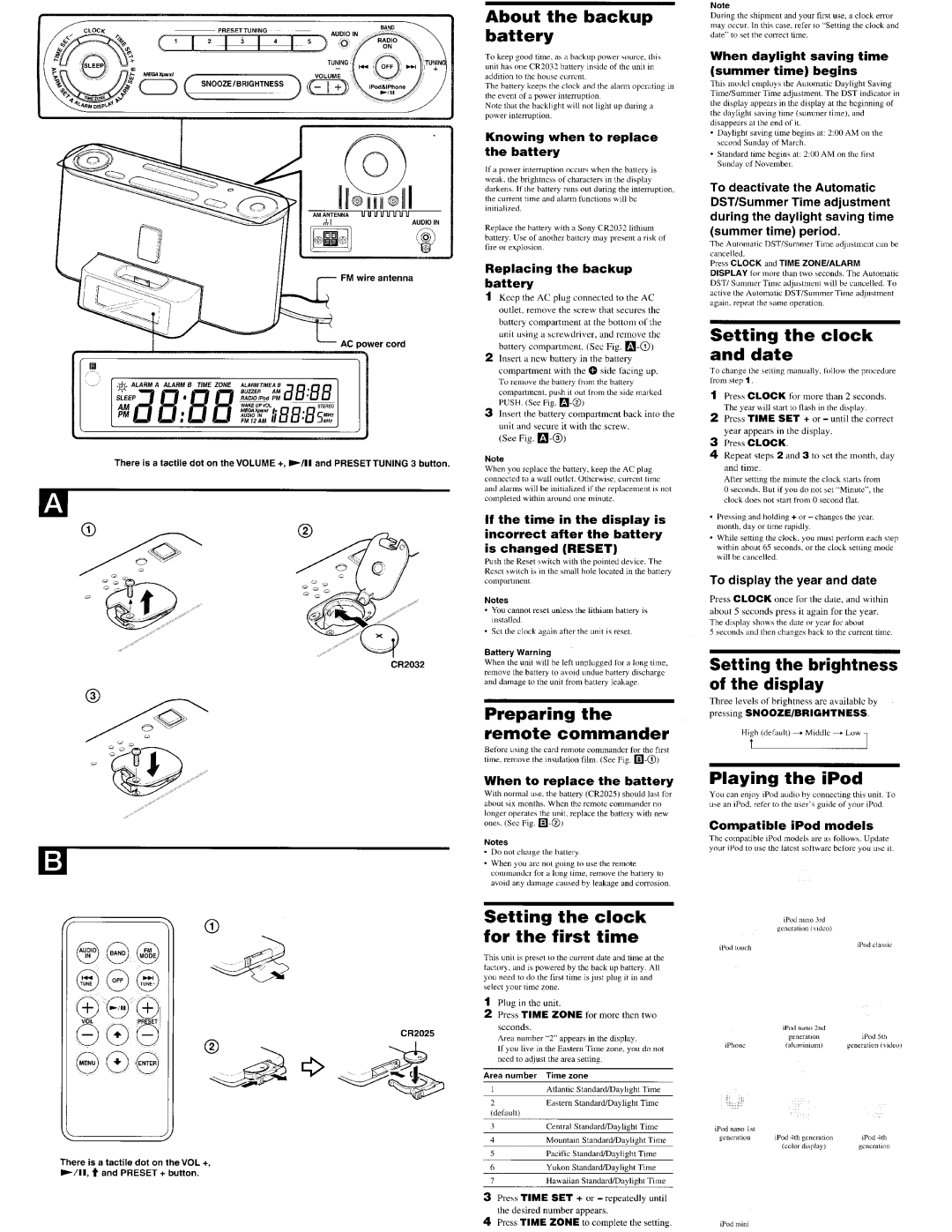 Sony ICF-C1iPMK2, ICF-C1PiPMK2 About the backup battery, Setting the clock and date, Setting the brightness of the display 