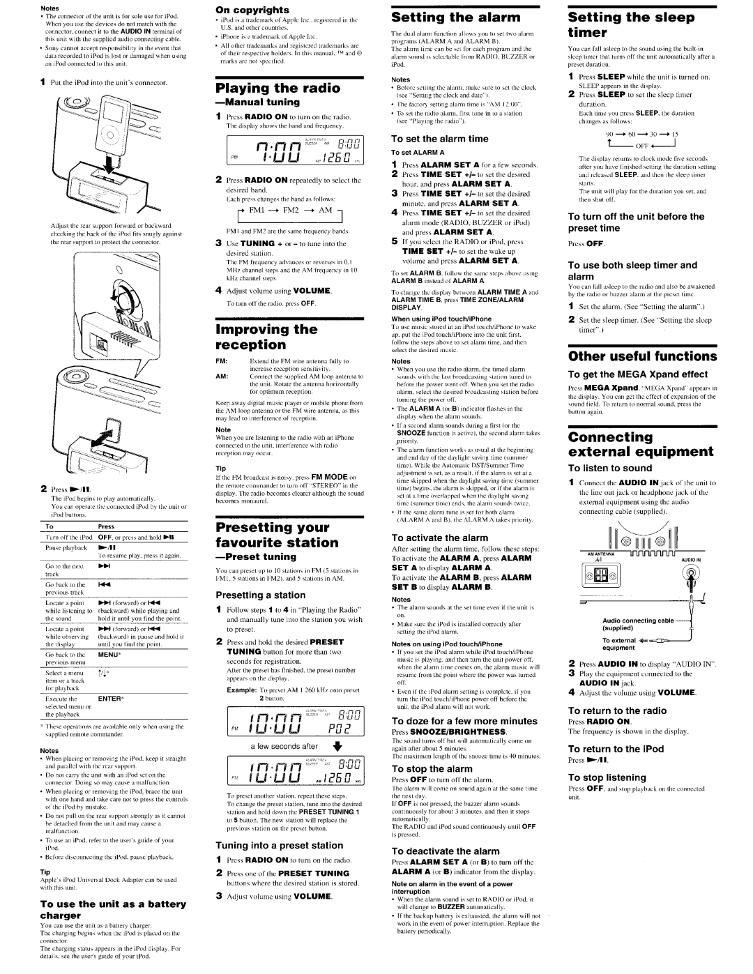 Sony ICF-C1PiPMK2 Playing the radio, Improving the reception, Presetting your favourite station, Setting the alarm 