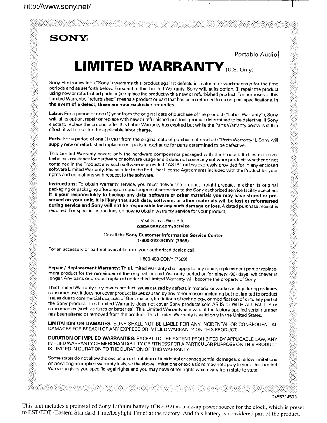 Sony ICF-C1iPMK2, ICF-C1PiPMK2 operating instructions Limited Warranty u.s. Only, IPortable Audiol 