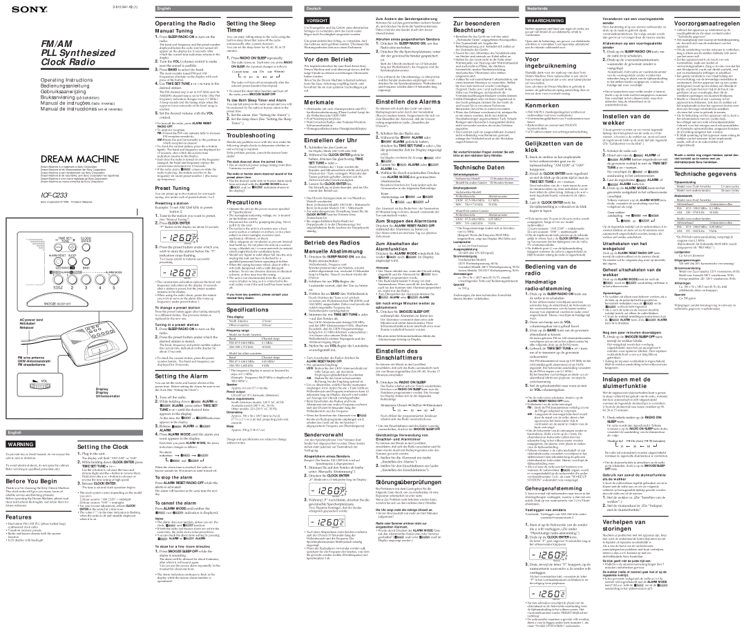 Sony ICF-C233 specifications Operating the Radio, Setting the Sleep Timer, Vor dem Betrieb, Zur besonderen Beachtung 