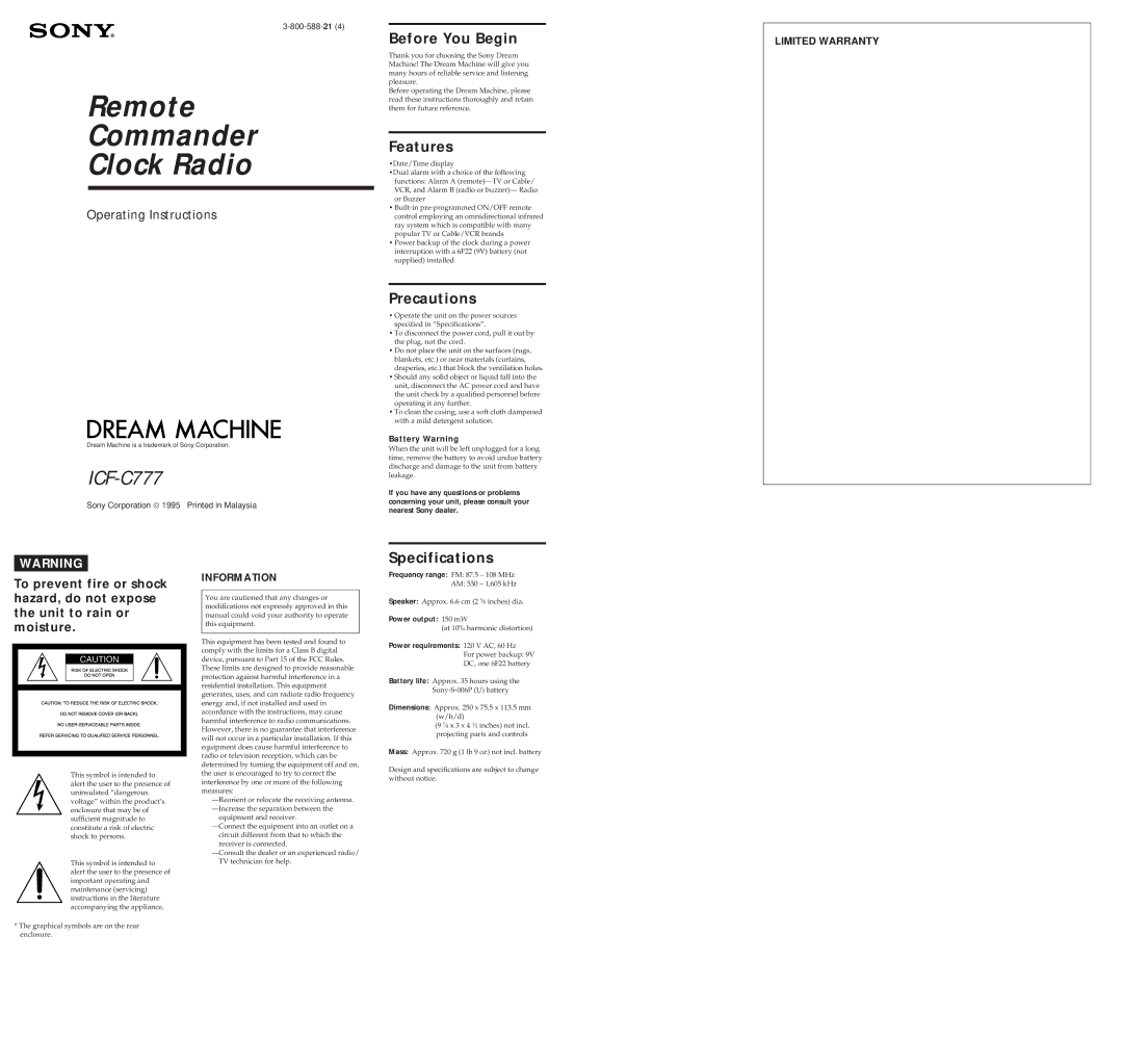 Sony ICF-C777 operating instructions Before You Begin, Features, Precautions, Specifications, Battery Warning 