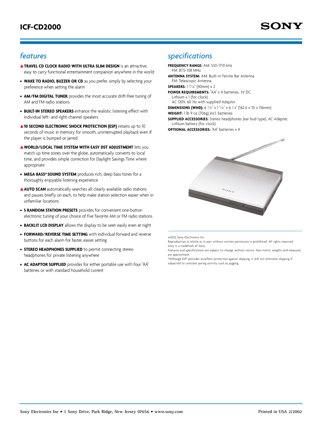 Sony ICF-CD2000, Radio Antenna manual Features, Specifications, Optional Accessories AA batteries x 