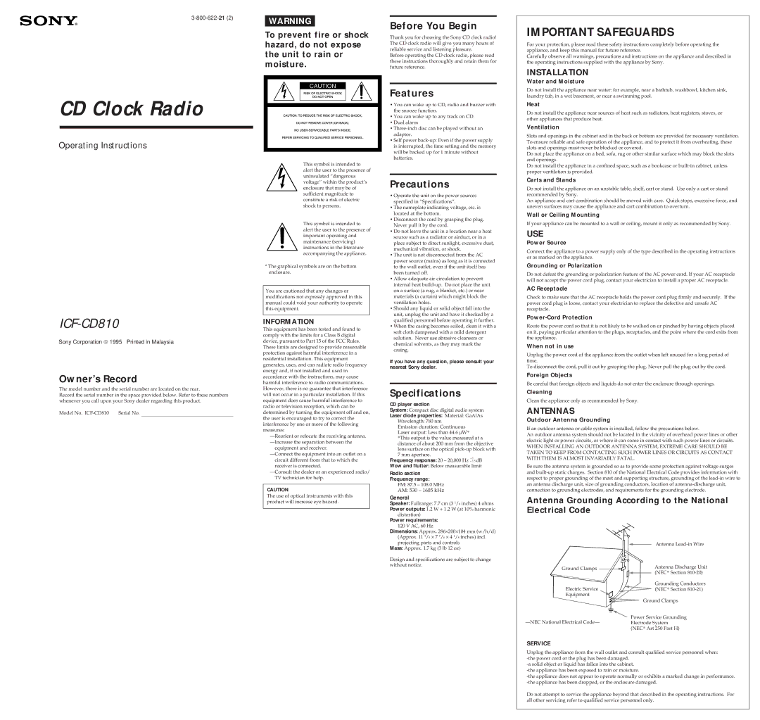 Sony ICF-CD810 operating instructions Owner’s Record, Features, Precautions, Specifications 