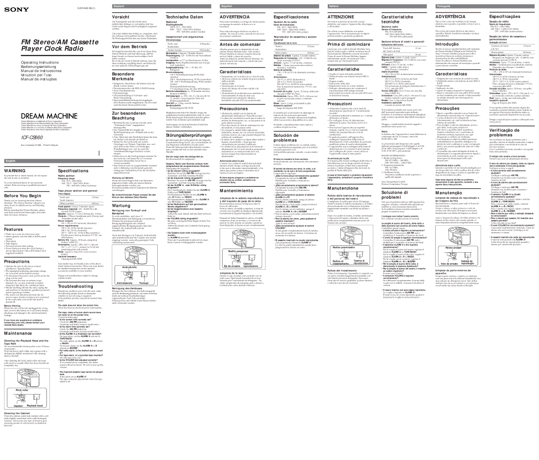 Sony ICF-CS660 specifications Vorsicht, Technische Daten, Especificaciones, Caratteristiche, Tecniche, Especificações 