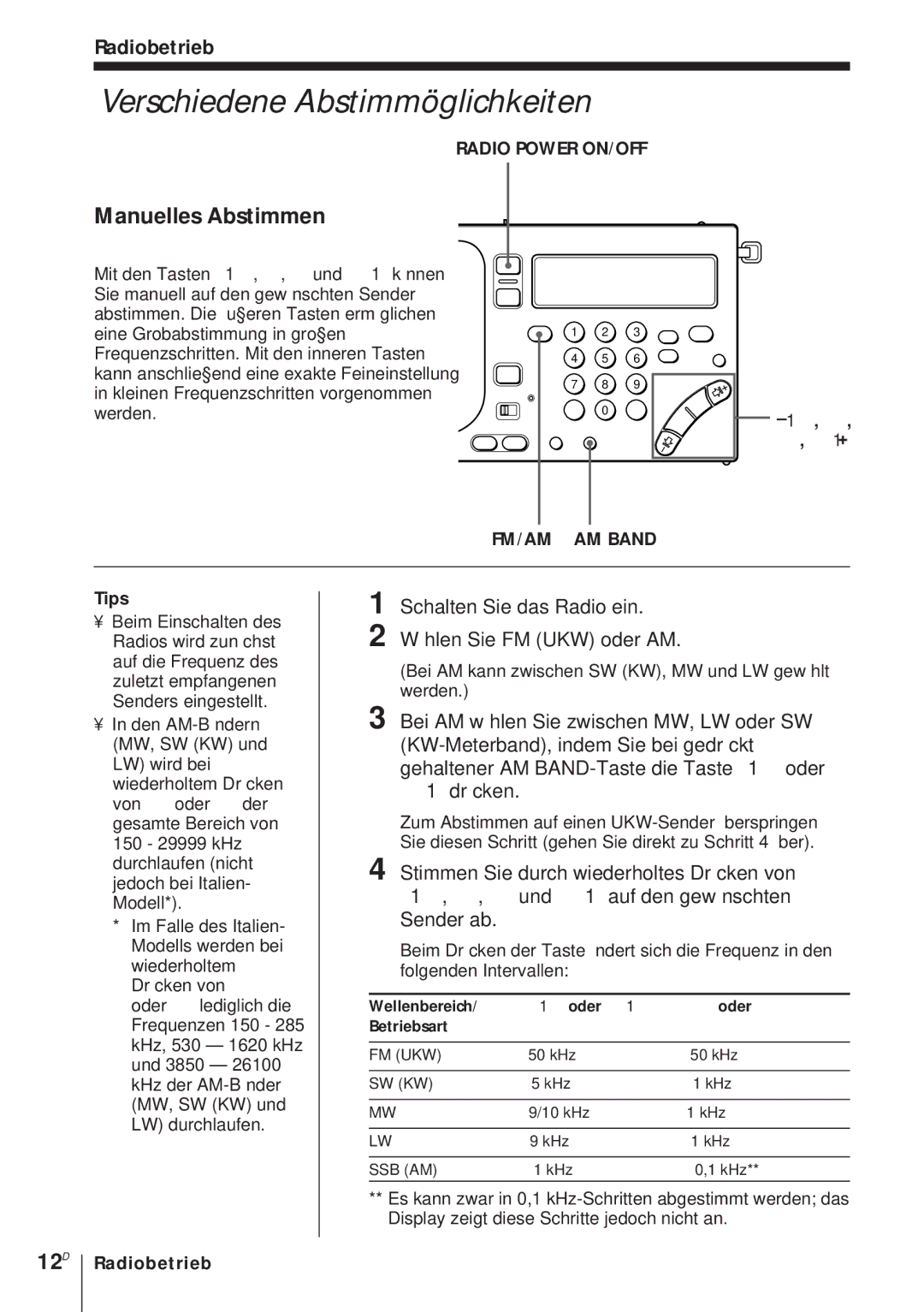 Sony ICF-SW1000TS operating instructions 12D, Sender ab, ¿, ¿, ÷, ÷1+ 