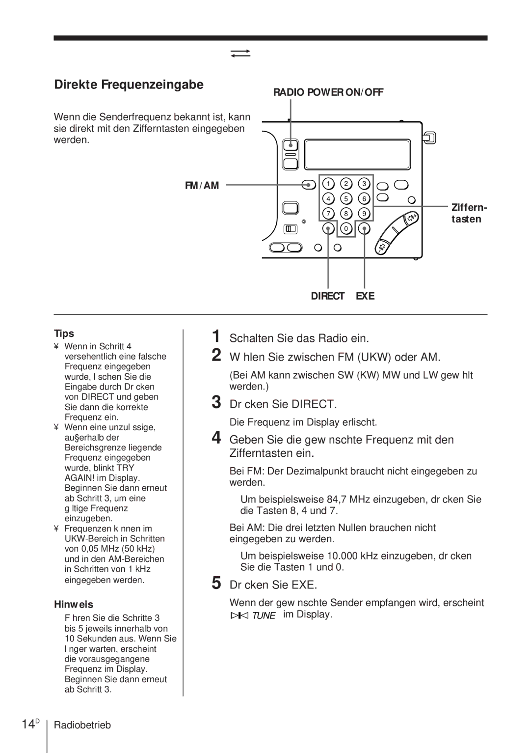 Sony ICF-SW1000TS 14D, Drücken Sie Direct, Geben Sie die gewünschte Frequenz mit den Zifferntasten ein, Drücken Sie EXE 