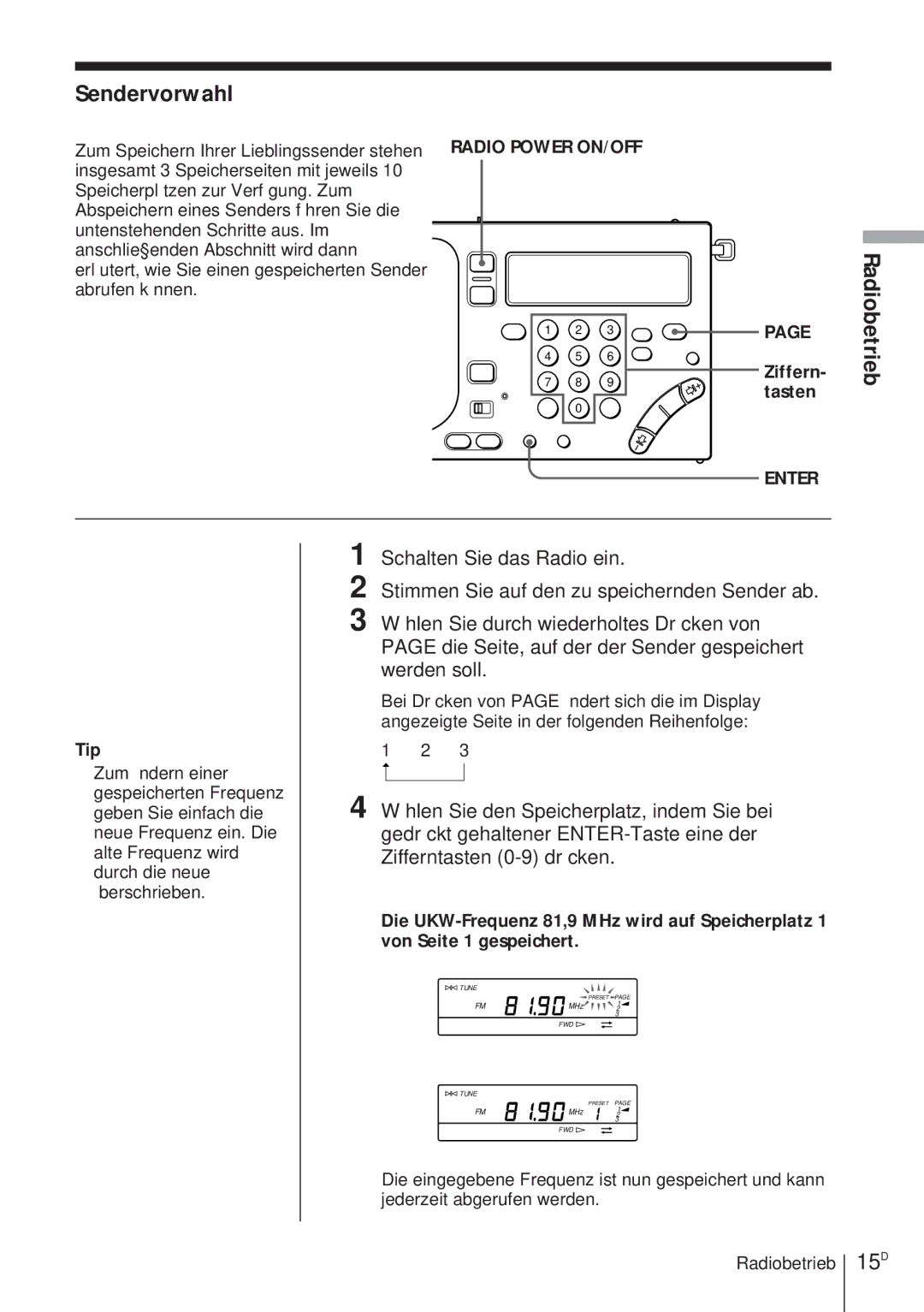 Sony ICF-SW1000TS operating instructions Sendervorwahl, 15D, Tasten 