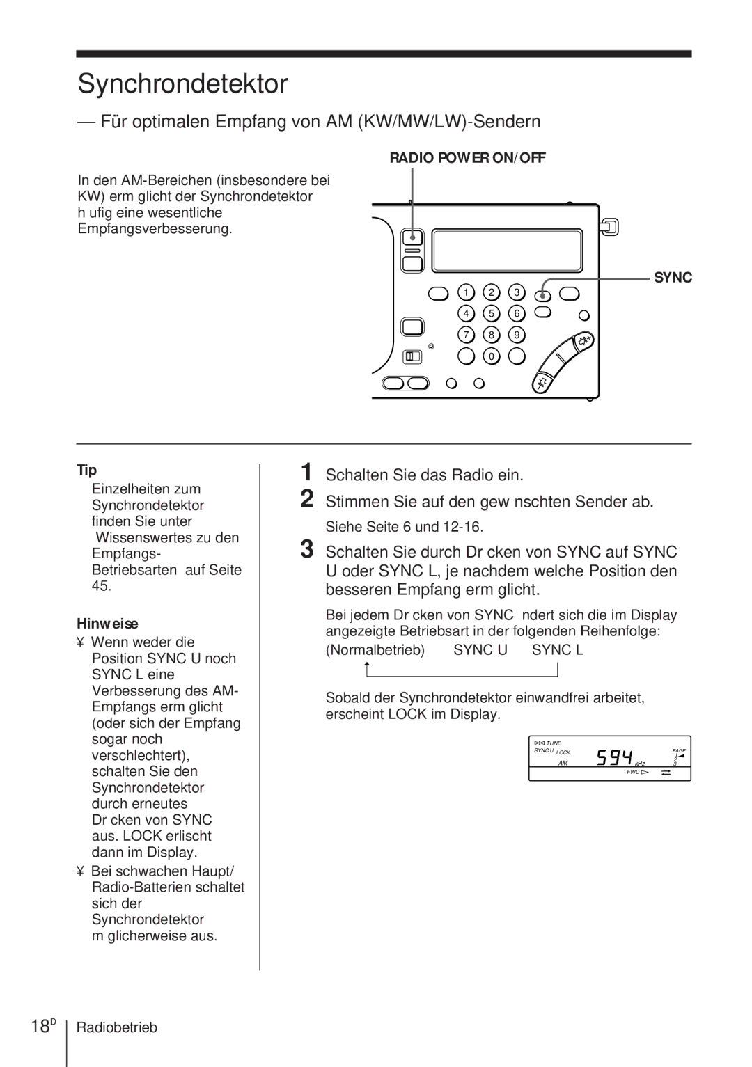 Sony ICF-SW1000TS operating instructions Synchrondetektor, Für optimalen Empfang von AM KW/MW/LW-Sendern, 18D 