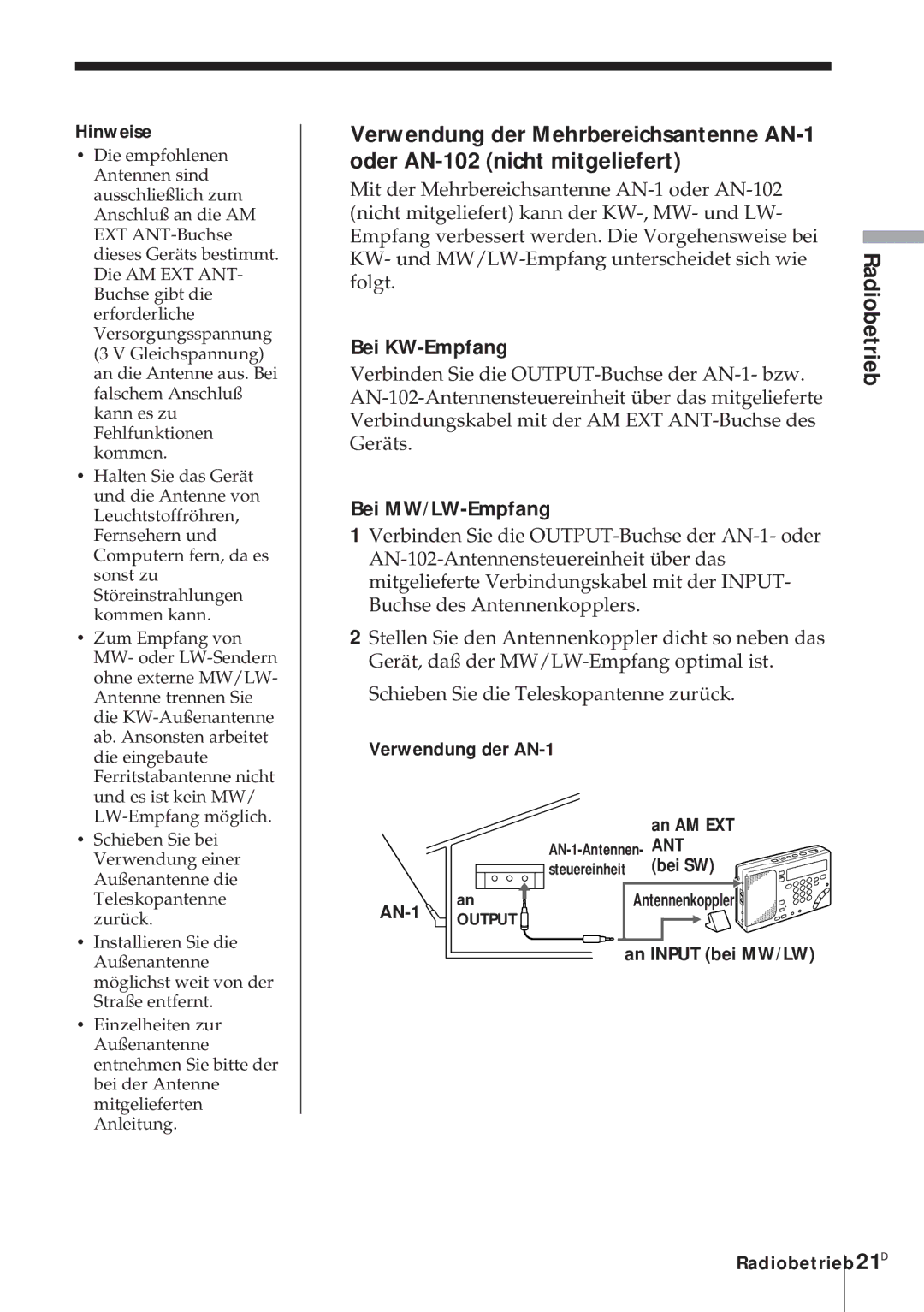 Sony ICF-SW1000TS operating instructions 21D, Bei KW-Empfang, Bei MW/LW-Empfang 