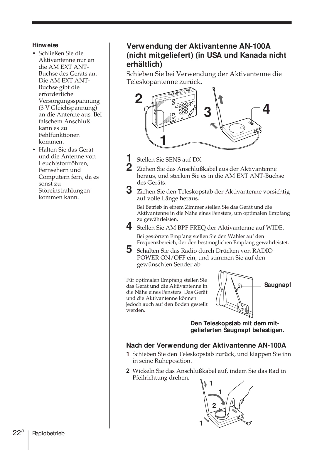 Sony ICF-SW1000TS operating instructions 22D, Nach der Verwendung der Aktivantenne AN-100A 