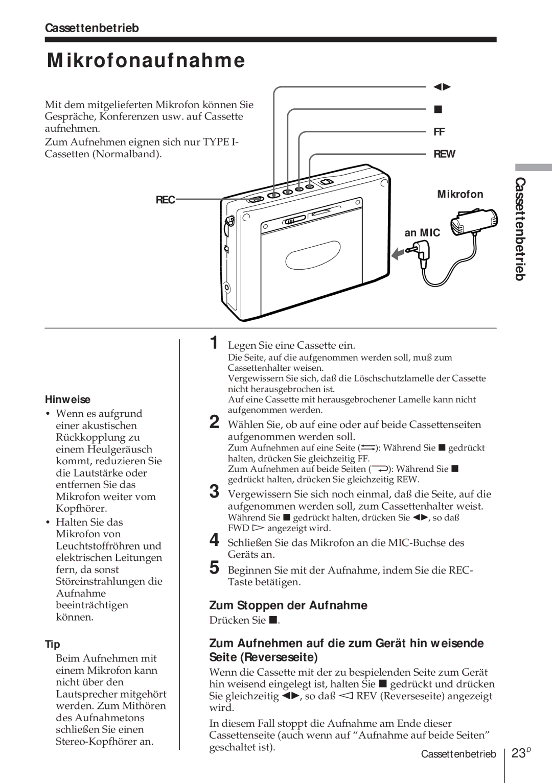 Sony ICF-SW1000TS operating instructions Mikrofonaufnahme, 23D, Cassettenbetrieb, An MIC 