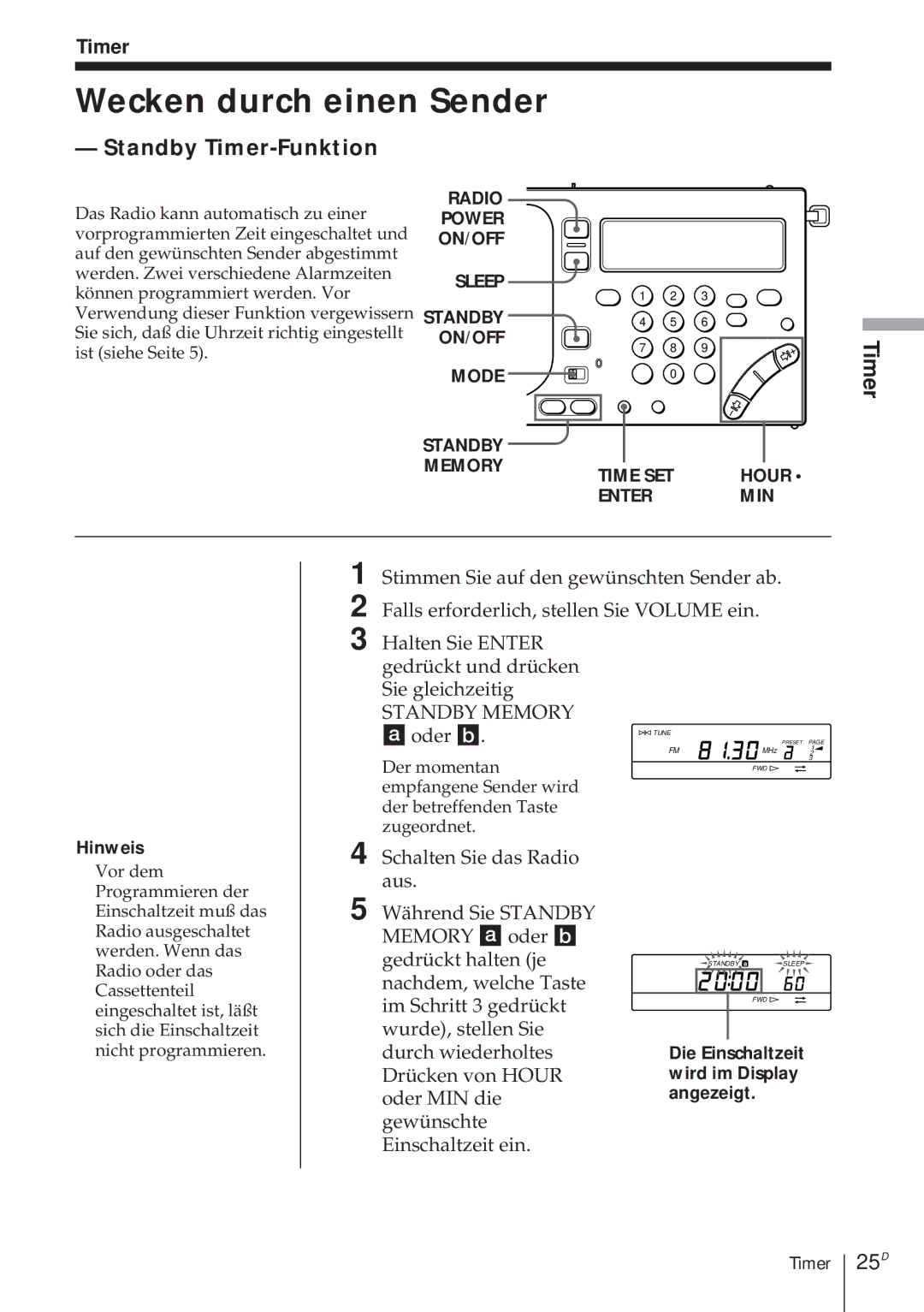 Sony ICF-SW1000TS operating instructions Wecken durch einen Sender, Standby Timer-Funktion, 25D 