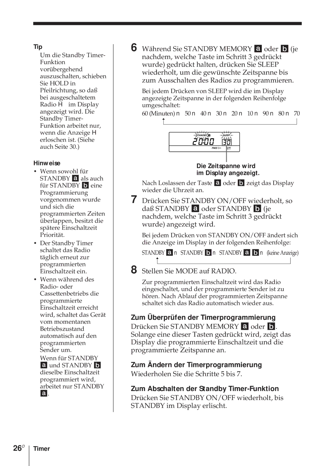 Sony ICF-SW1000TS operating instructions 26D, Stellen Sie Mode auf Radio, Wiederholen Sie die Schritte 5 bis 