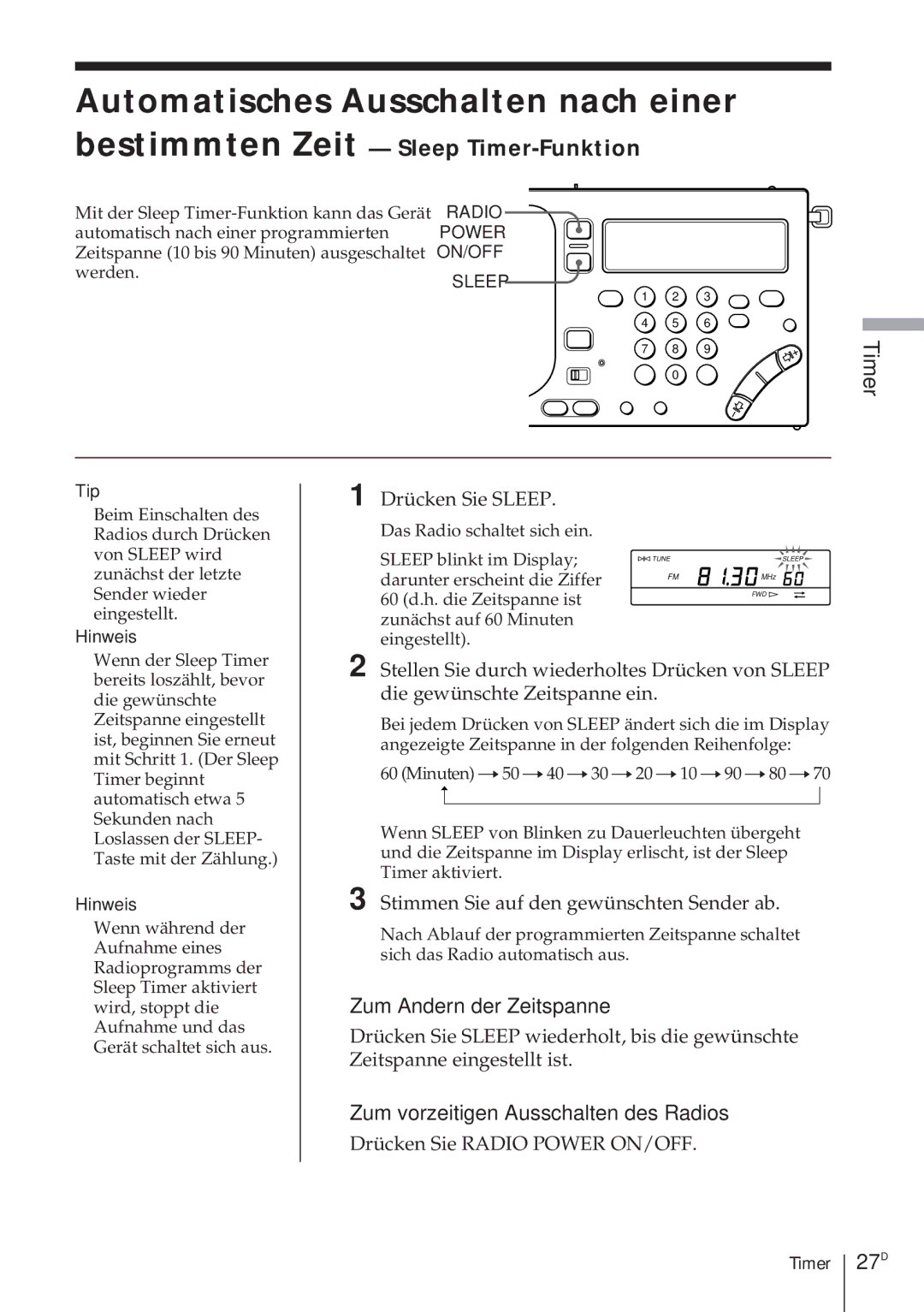 Sony ICF-SW1000T Automatisches Ausschalten nach einer, Bestimmten Zeit Sleep Timer-Funktion, Zum Andern der Zeitspanne 