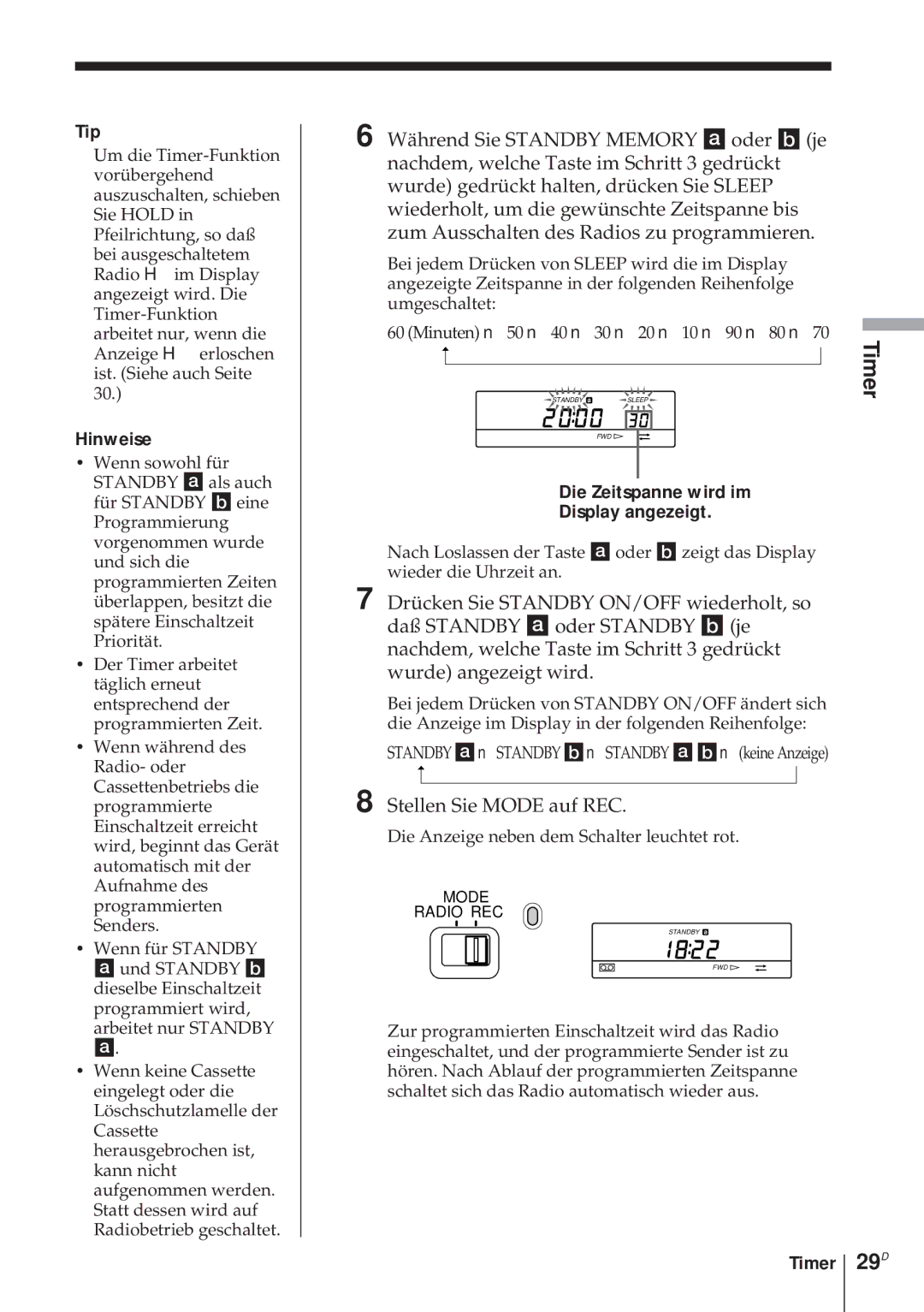 Sony ICF-SW1000TS operating instructions Stellen Sie Mode auf REC, Die Zeitspanne wird im Display angezeigt 