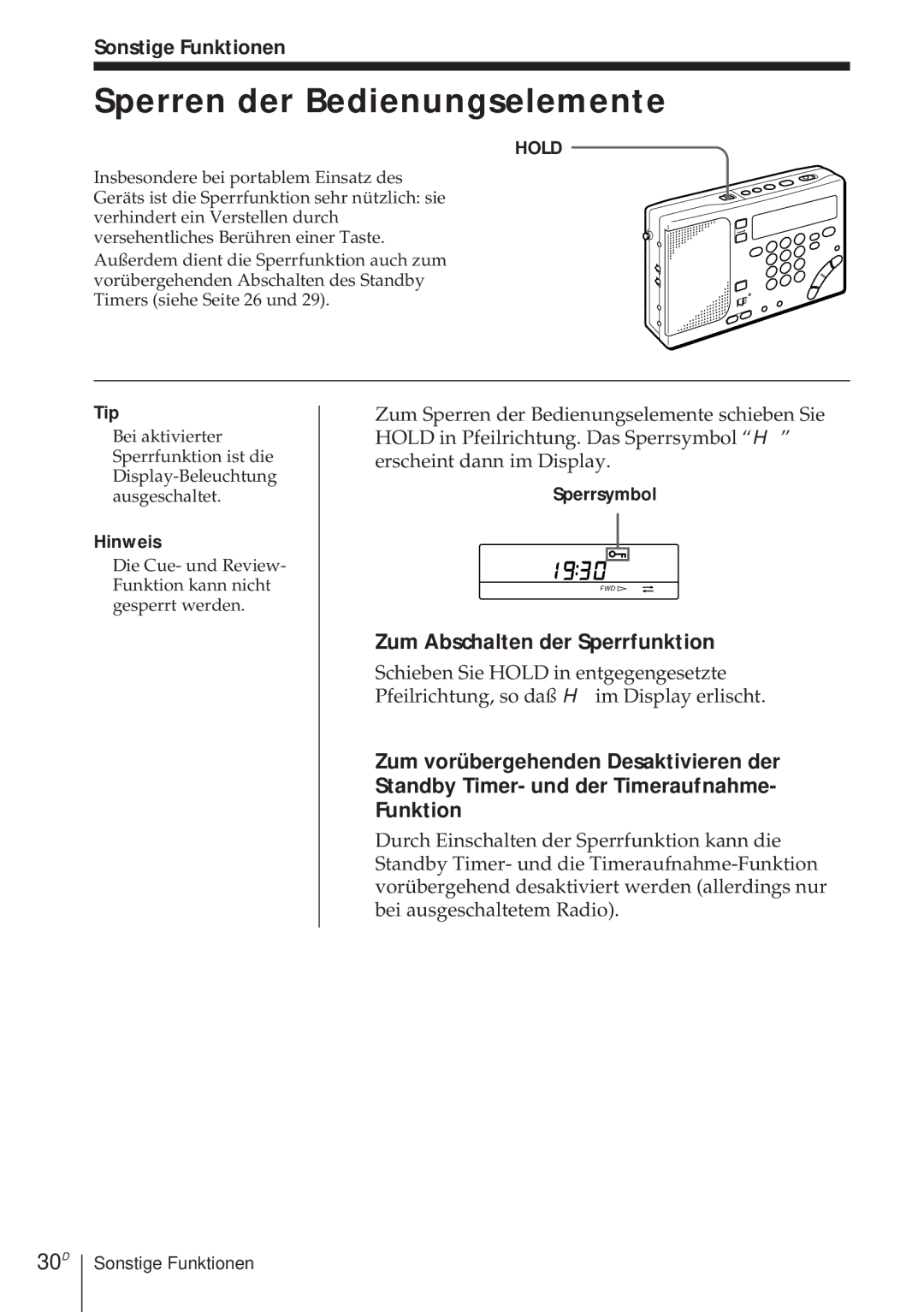 Sony ICF-SW1000TS operating instructions Sperren der Bedienungselemente, Zum Abschalten der Sperrfunktion, 30D, Sperrsymbol 