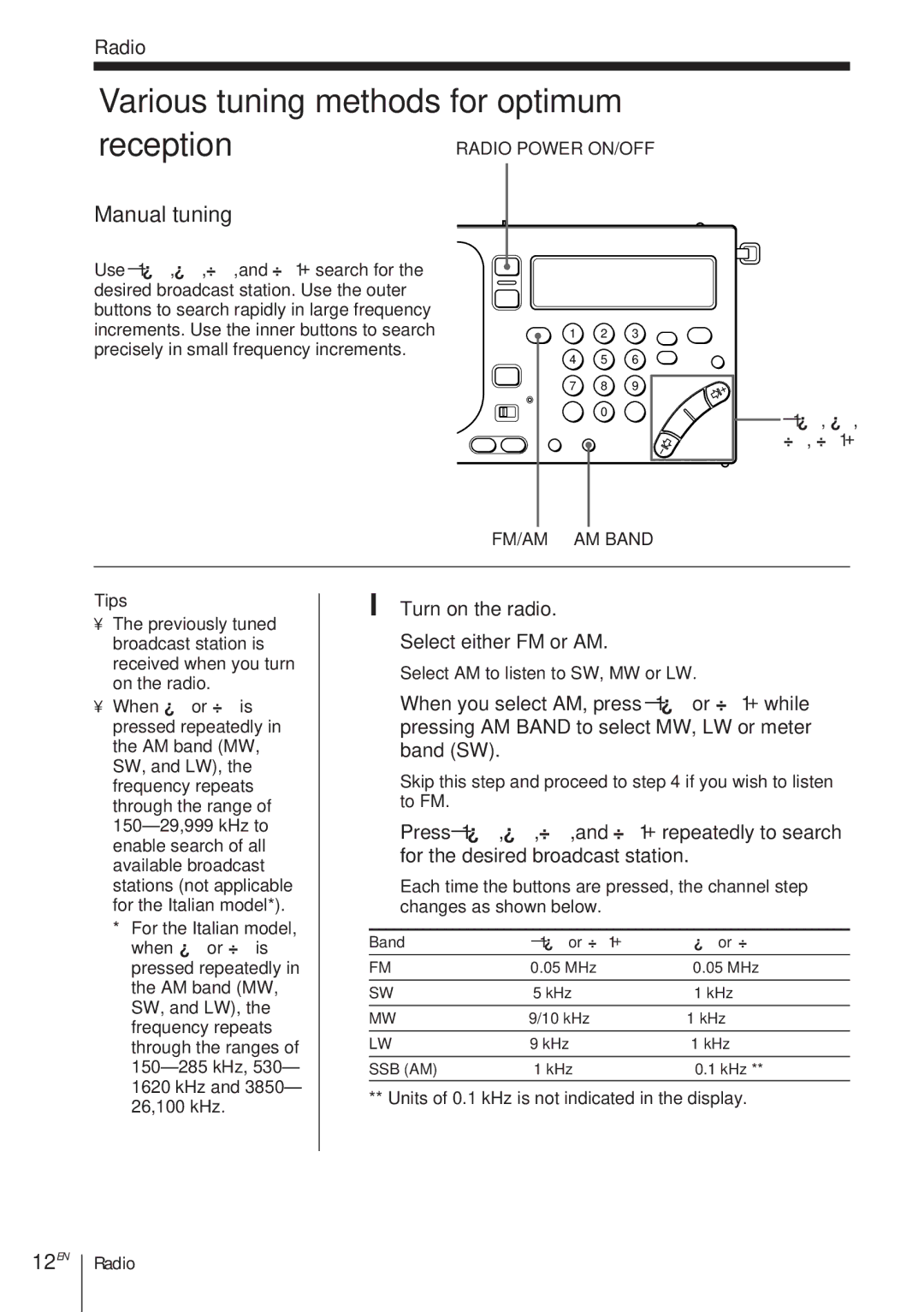 Sony ICF-SW1000TS operating instructions Various tuning methods for optimum Reception, Manual tuning, 12EN 