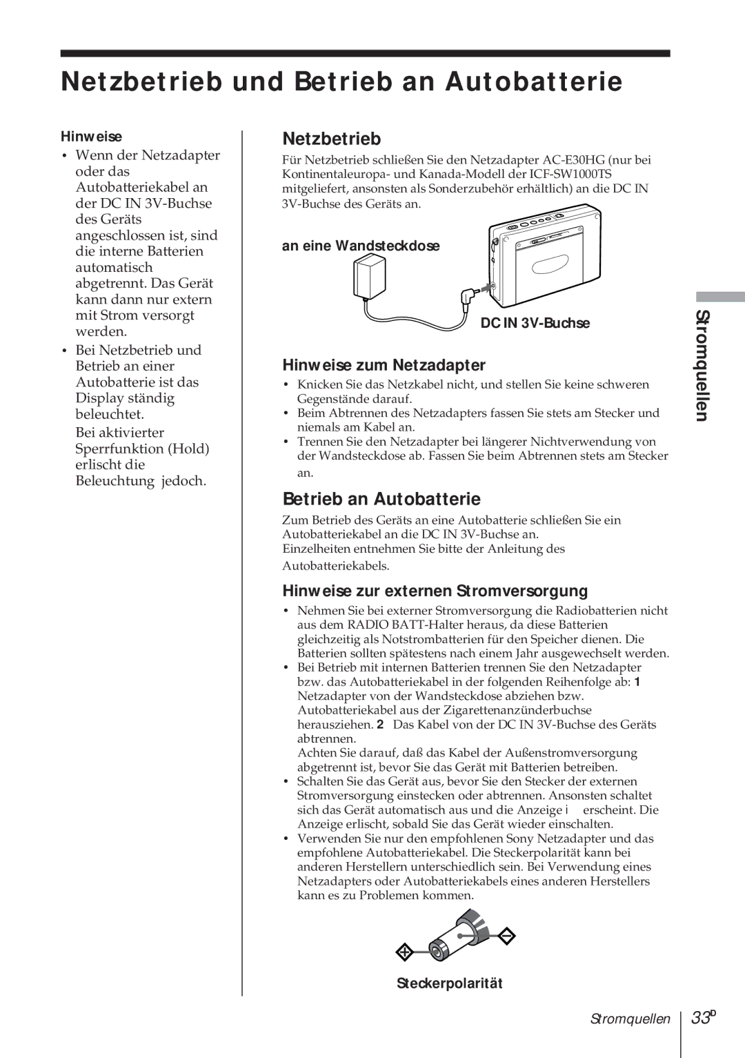 Sony ICF-SW1000TS operating instructions Netzbetrieb und Betrieb an Autobatterie, 33D 