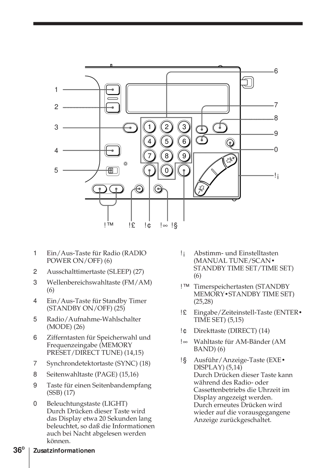 Sony ICF-SW1000TS operating instructions 36D, Bedienungsfeld, £ !¢ !∞ !§ 