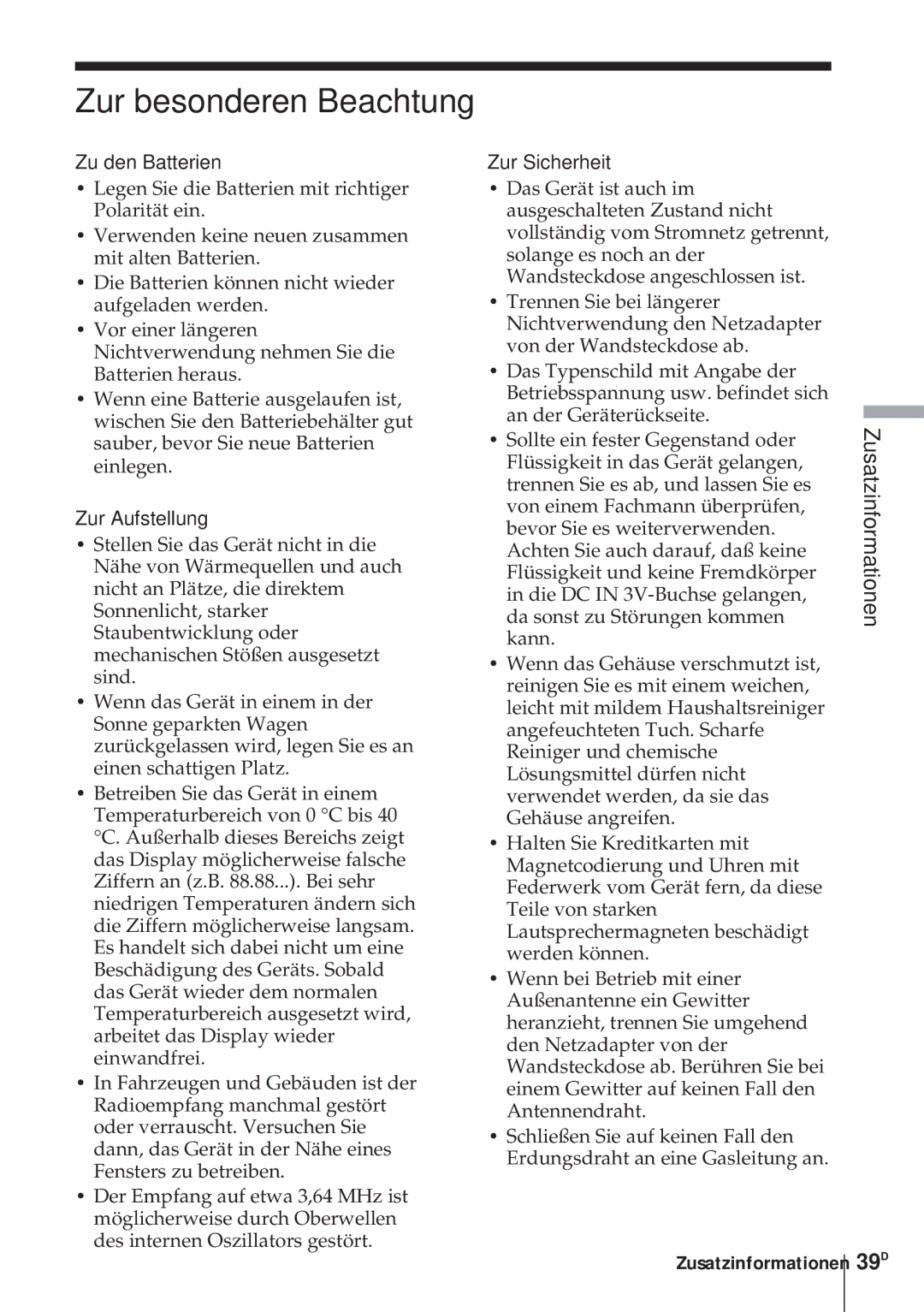 Sony ICF-SW1000TS Zur besonderen Beachtung, 39D, Zu den Batterien, Zur Aufstellung, Zur Sicherheit 