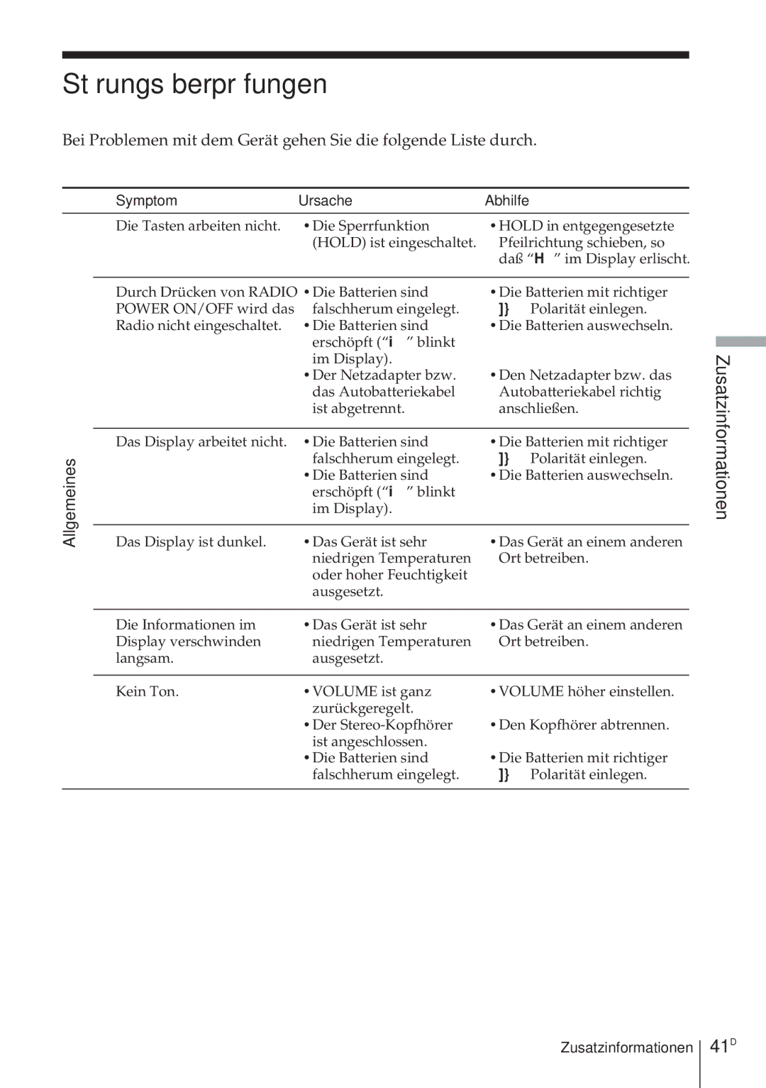 Sony ICF-SW1000TS operating instructions Störungsüberprüfungen, 41D, Symptom Ursache Abhilfe 