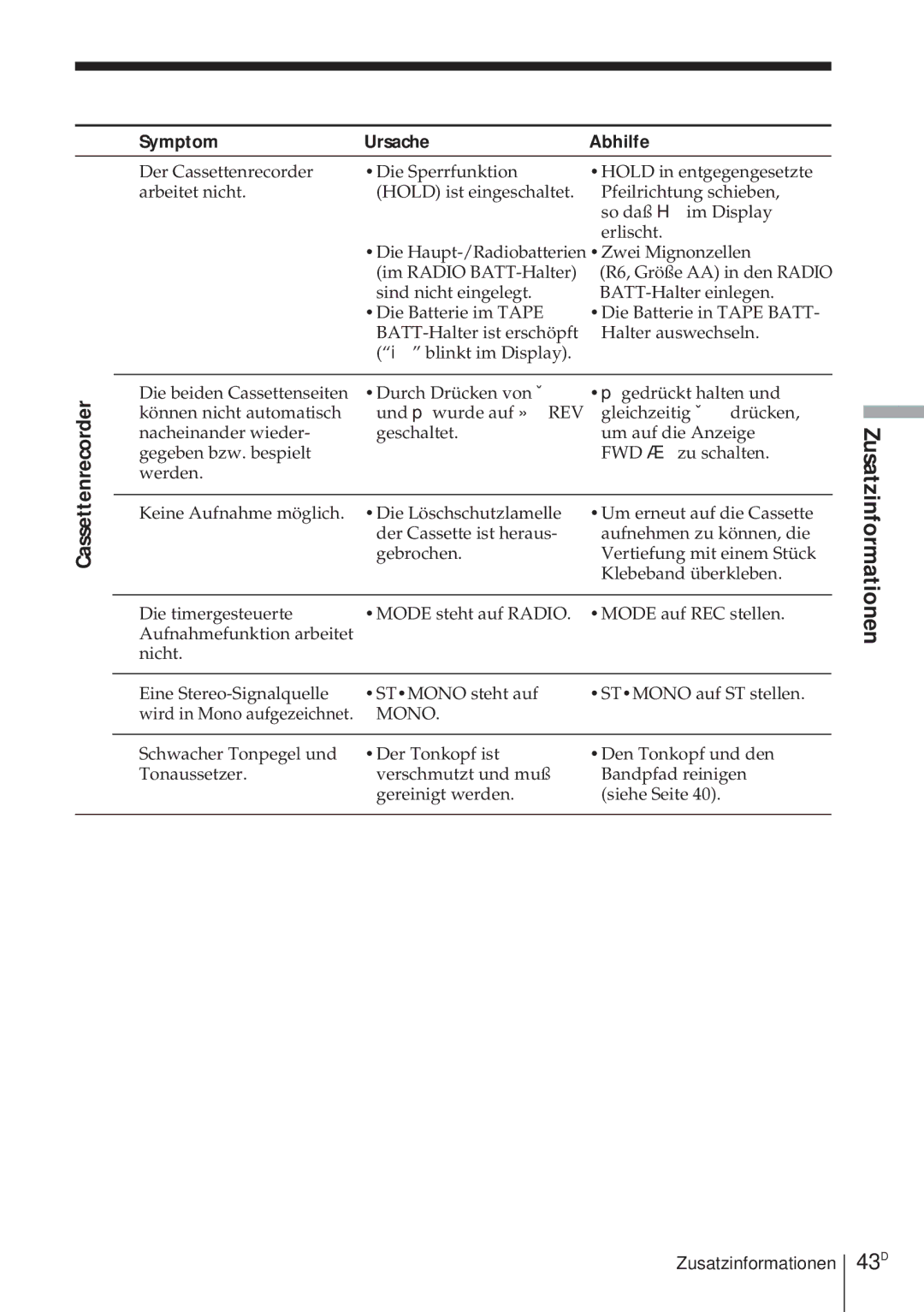 Sony ICF-SW1000TS operating instructions 43D, Cassettenrecorder 
