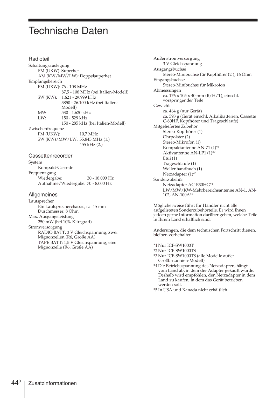 Sony ICF-SW1000TS operating instructions Technische Daten, 44D, Radioteil, Cassettenrecorder, Allgemeines 