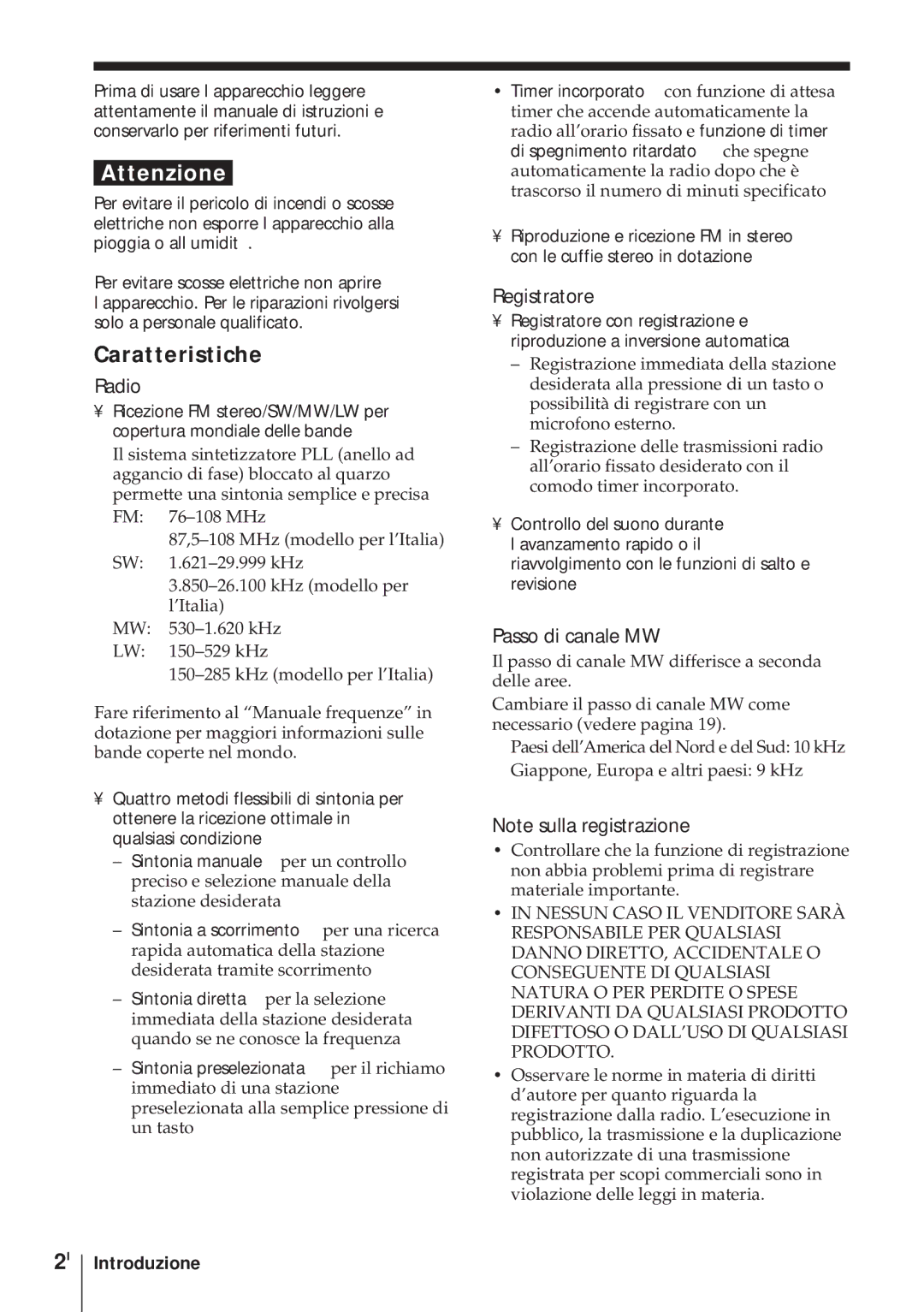 Sony ICF-SW1000TS operating instructions Caratteristiche, Registratore, Passo di canale MW 