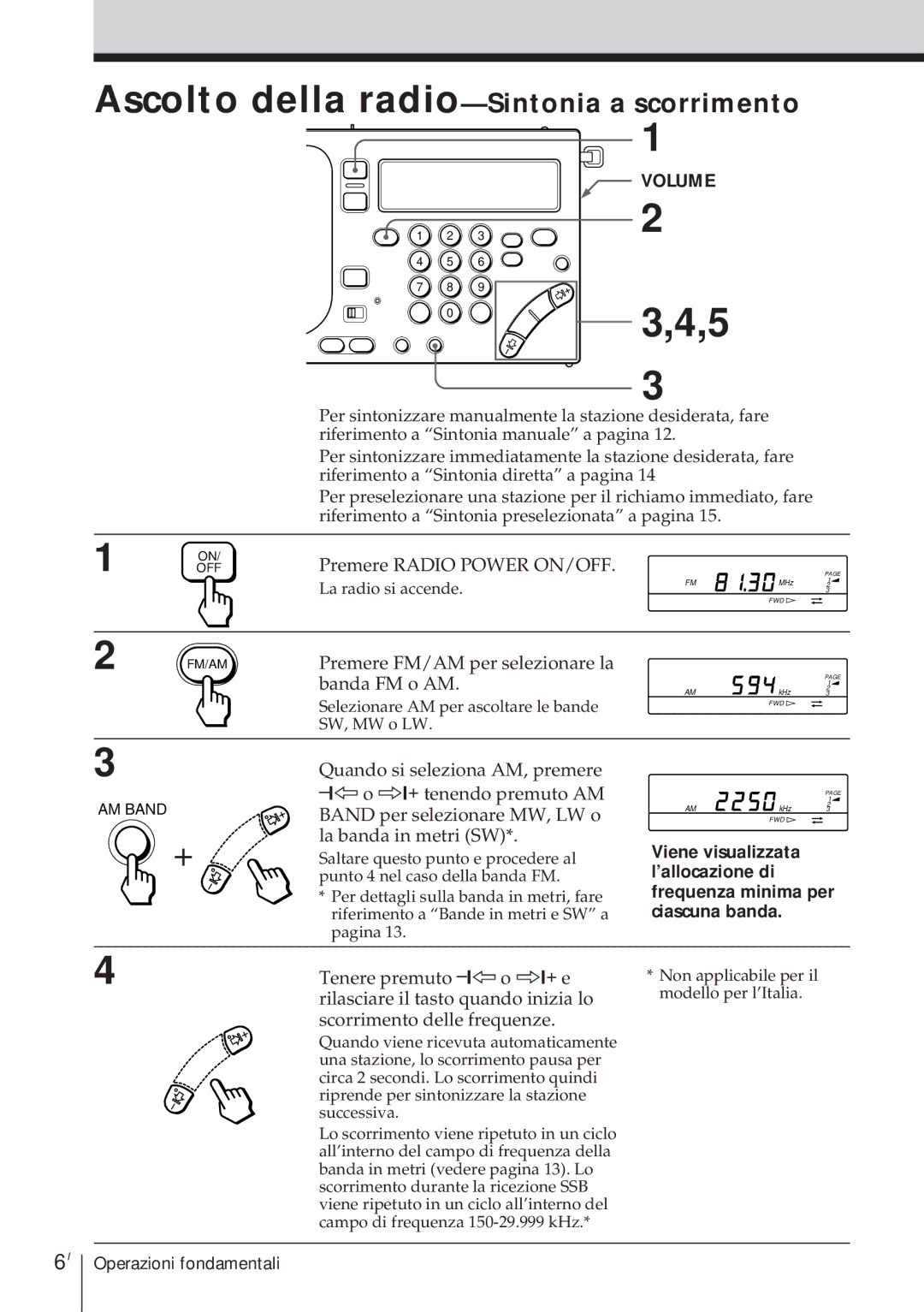 Sony ICF-SW1000TS operating instructions Ascolto della radio-Sintonia a scorrimento 