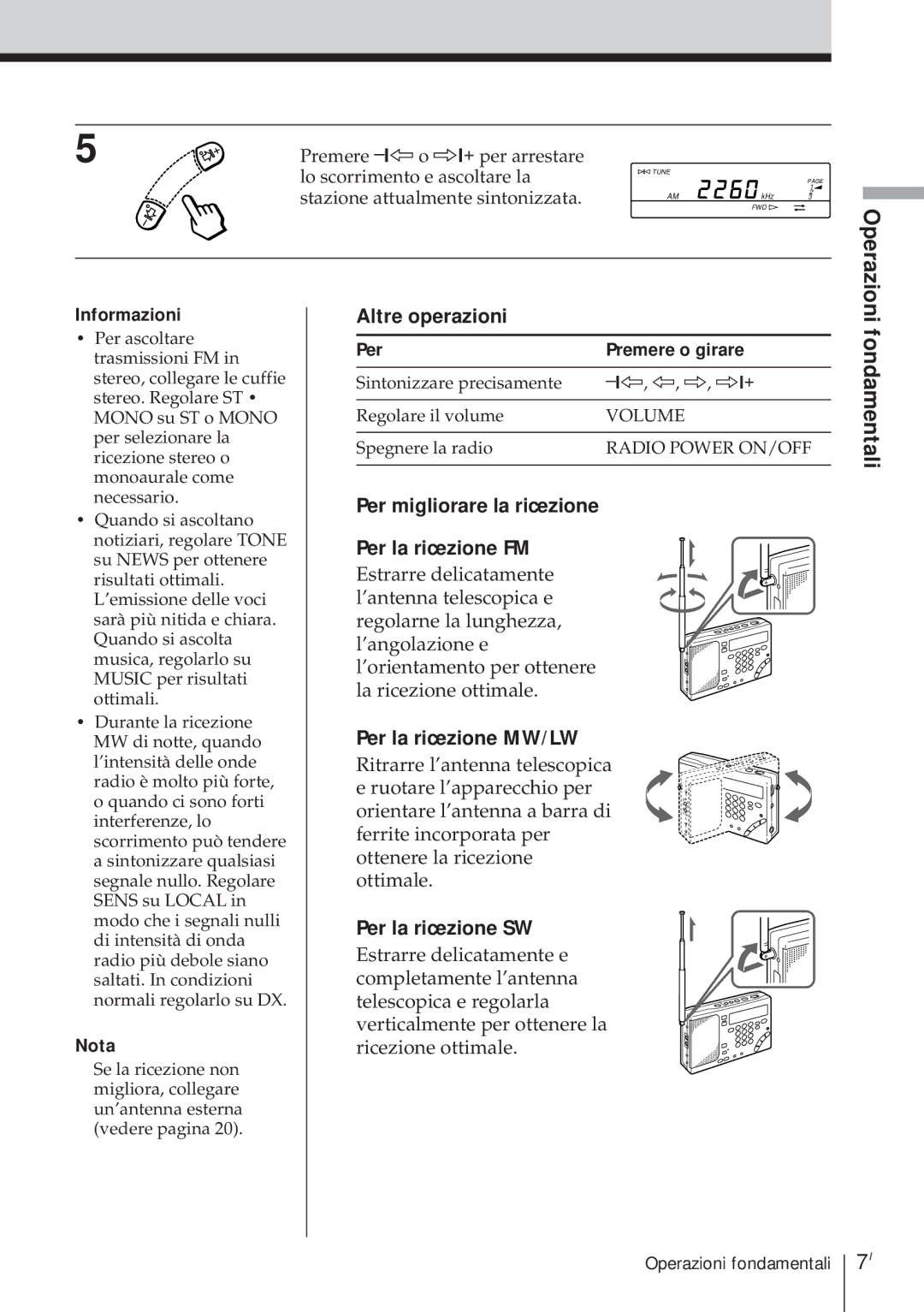 Sony ICF-SW1000T Fondamentali, Altre operazioni, Per migliorare la ricezione Per la ricezione FM, Per la ricezione MW/LW 