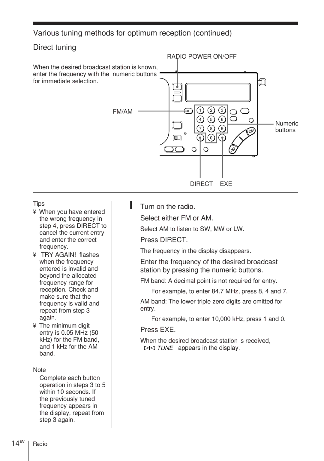 Sony ICF-SW1000TS Various tuning methods for optimum reception Direct tuning, 14EN, Press Direct, Press EXE 