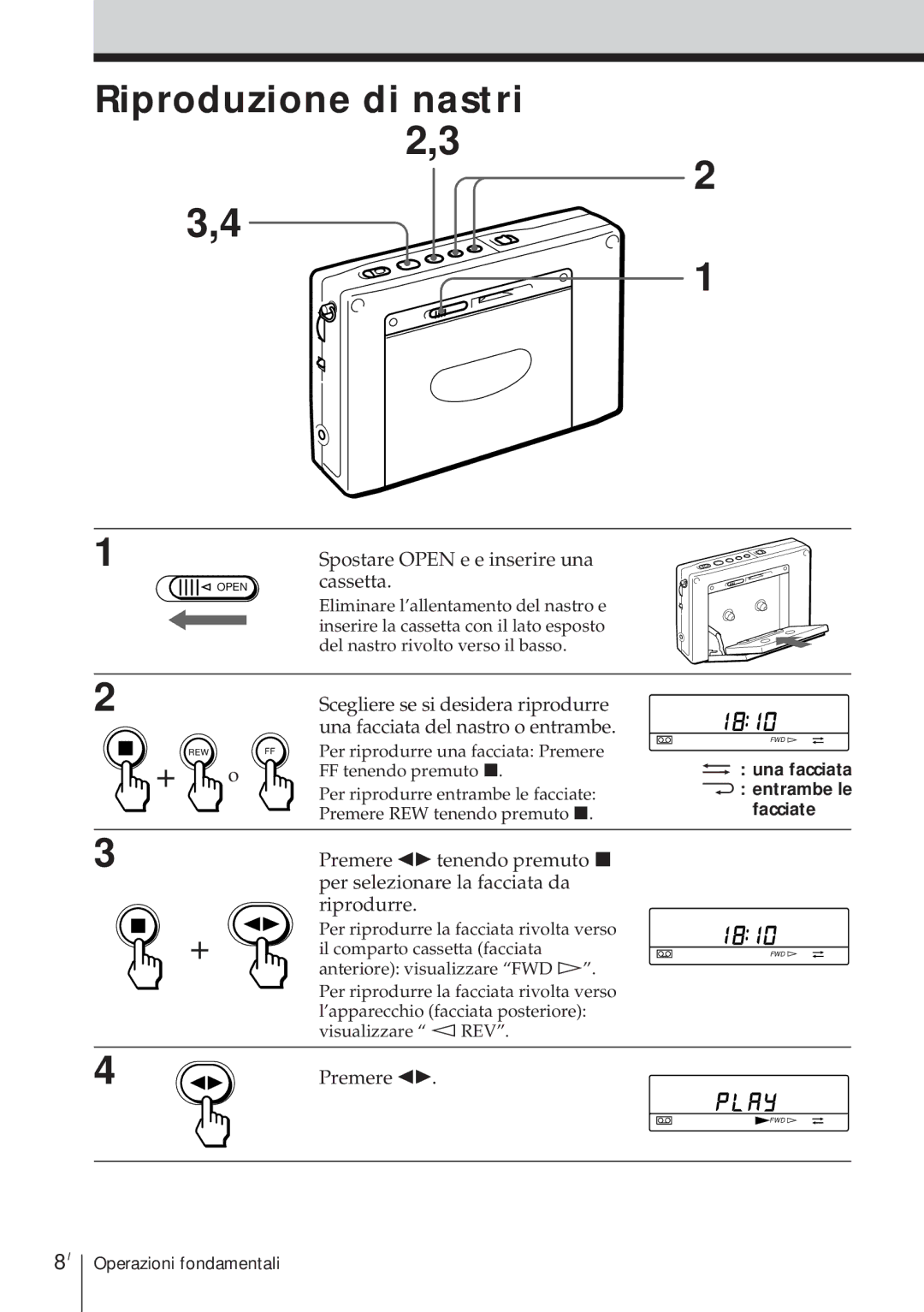 Sony ICF-SW1000TS operating instructions Riproduzione di nastri, Spostare Open e e inserire una cassetta, Premere œ 