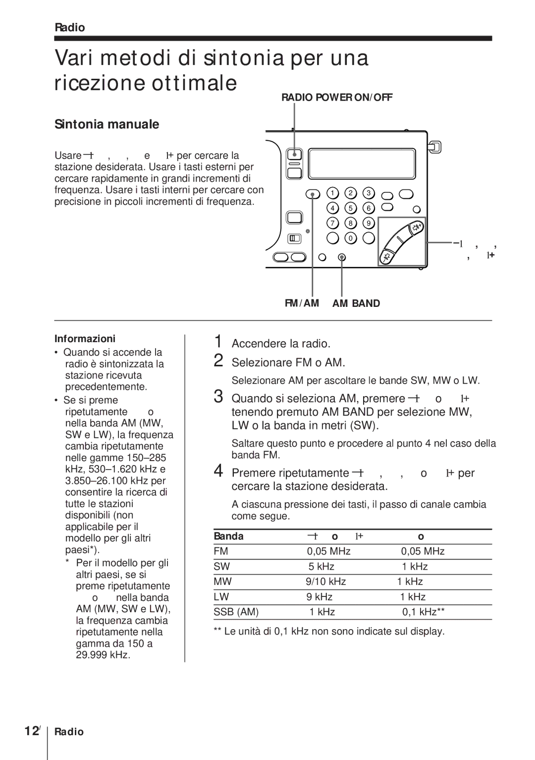 Sony ICF-SW1000TS operating instructions Vari metodi di sintonia per una ricezione ottimale, Sintonia manuale, 12I 