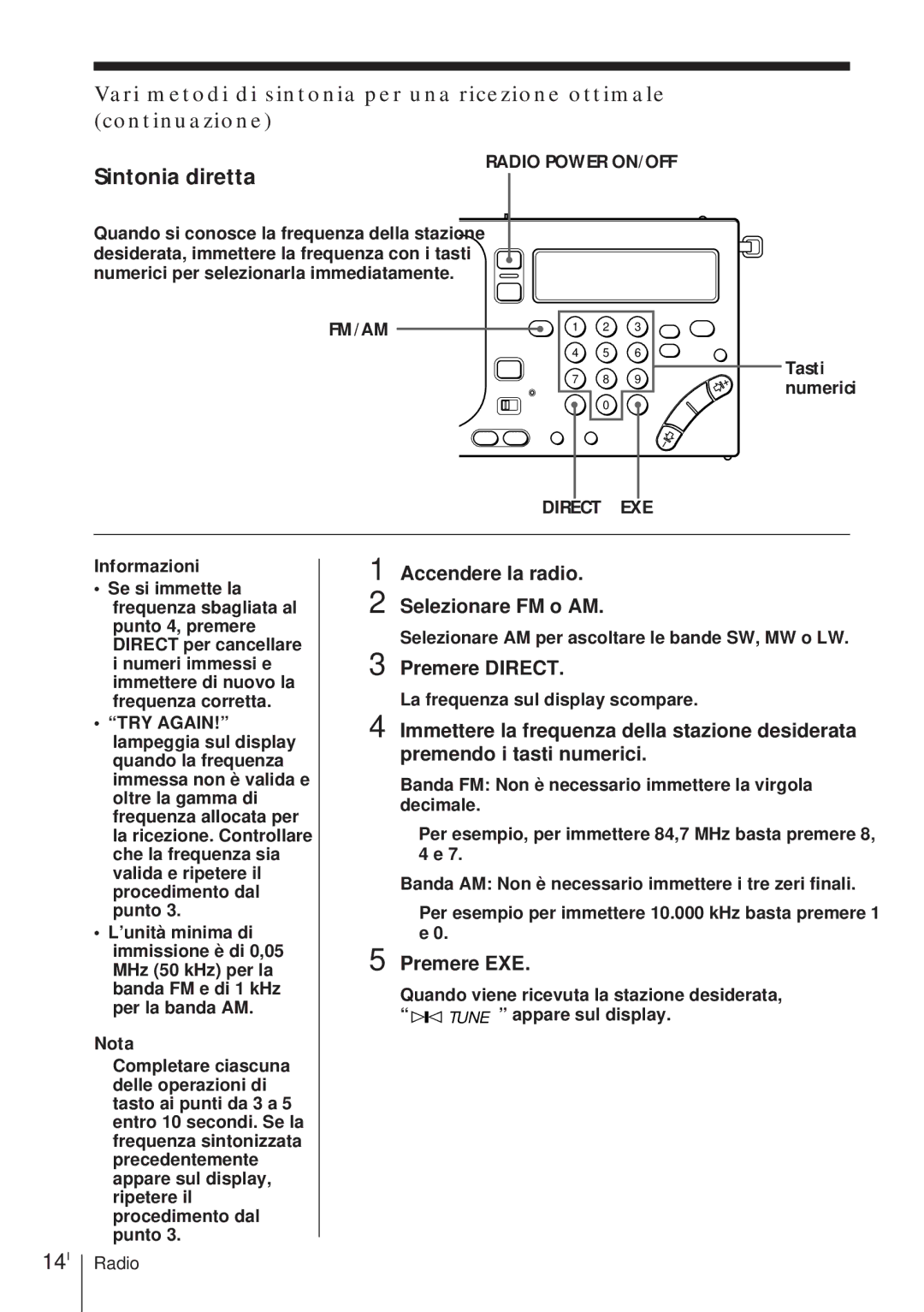 Sony ICF-SW1000TS operating instructions 14I, Sintonia diretta 