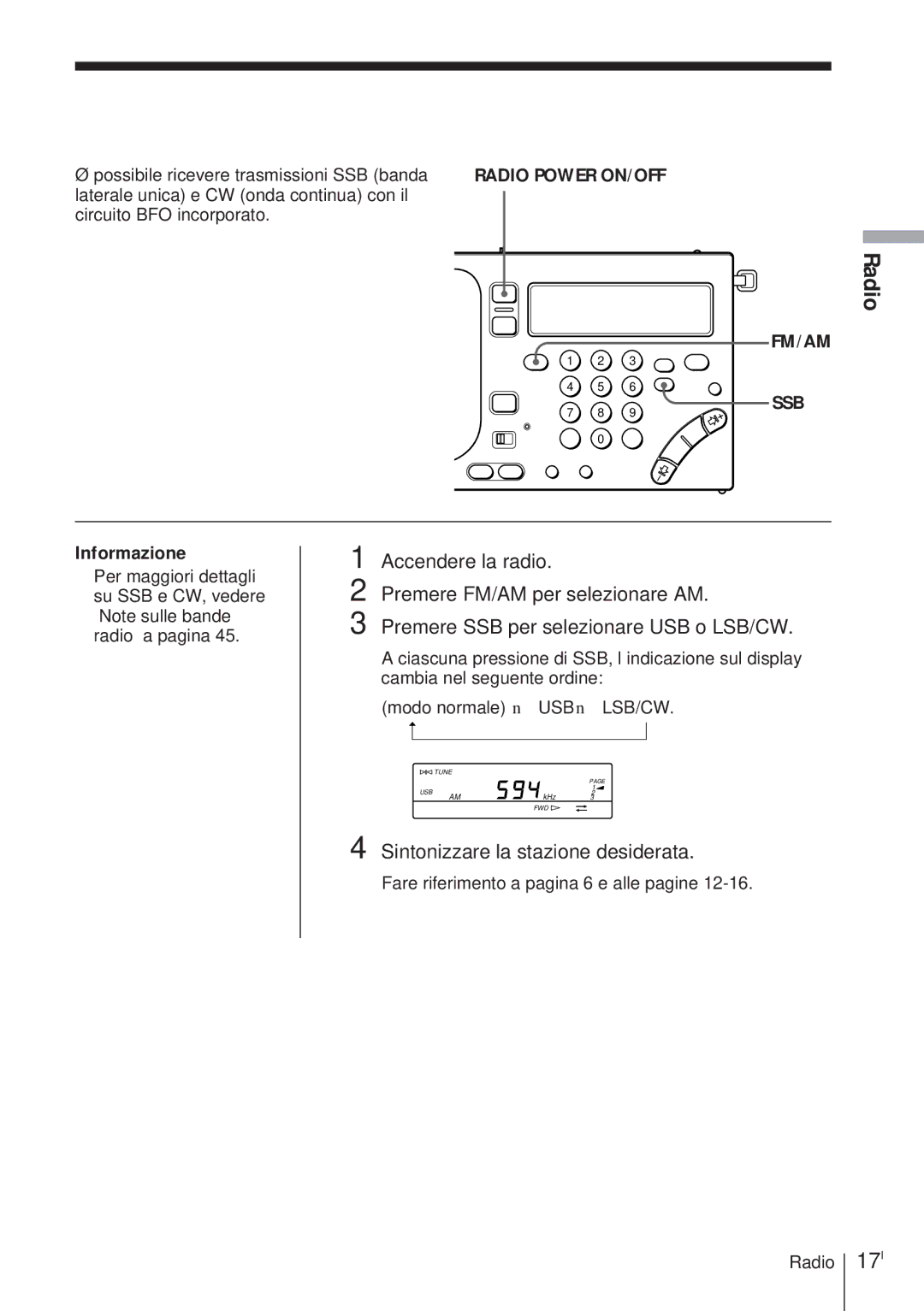 Sony ICF-SW1000TS operating instructions Ricezione di trasmissioni SSB e CW, 17I, Sintonizzare la stazione desiderata 