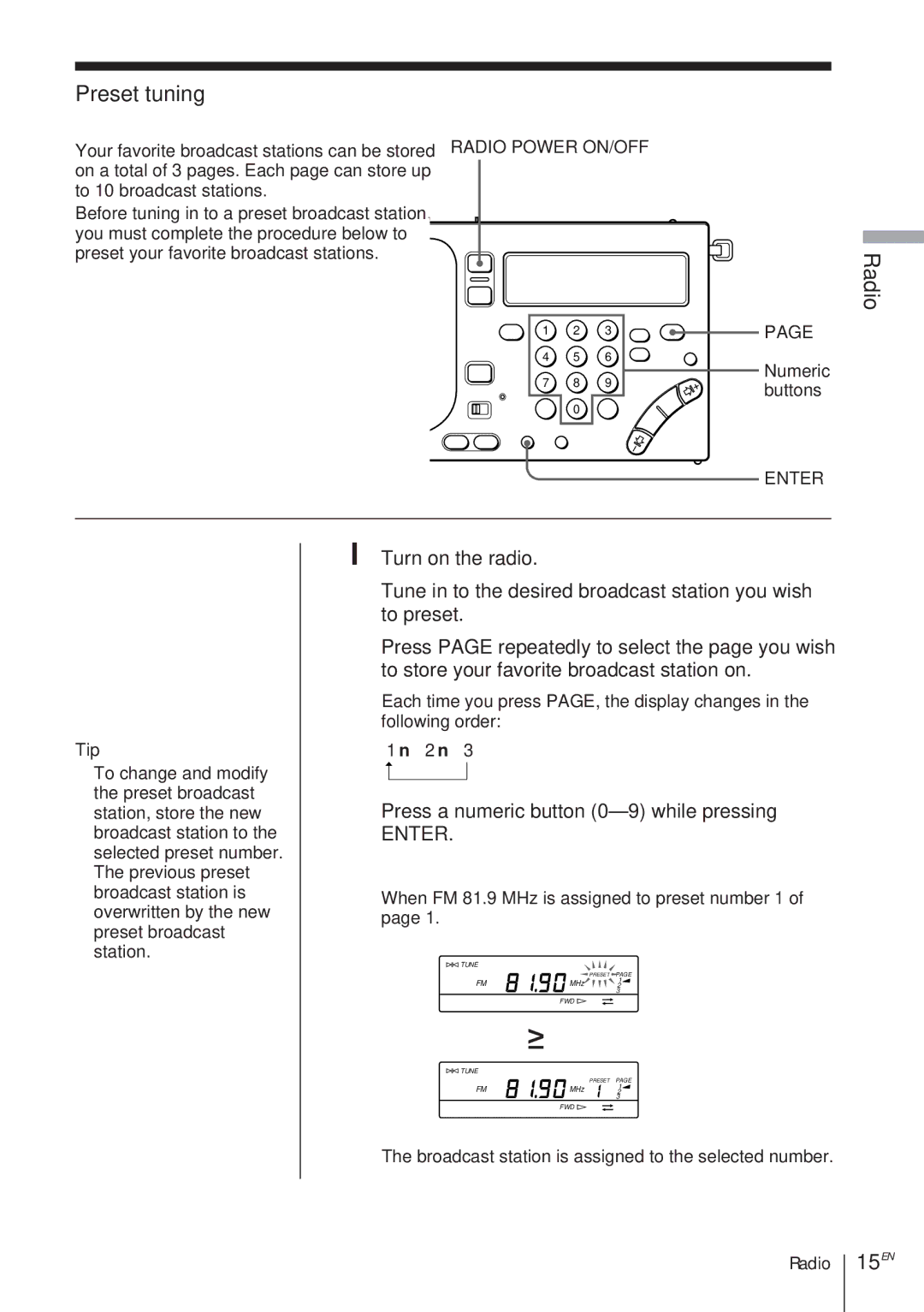 Sony ICF-SW1000TS operating instructions Preset tuning, 15EN, Press a numeric button 0-9 while pressing, Tip 