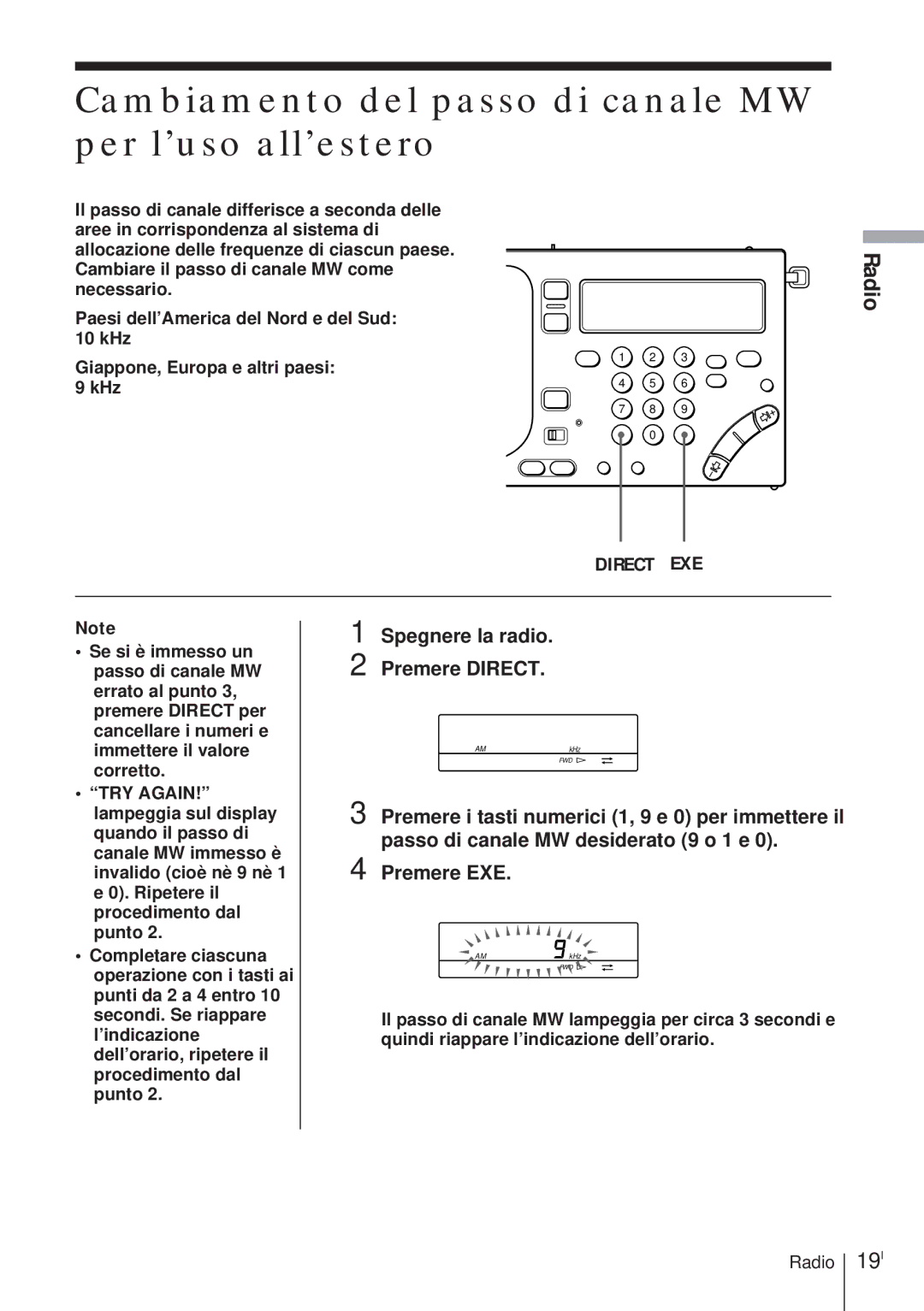 Sony ICF-SW1000T Cambiamento del passo di canale MW per l’uso all’estero, 19I, Spegnere la radio Premere Direct 