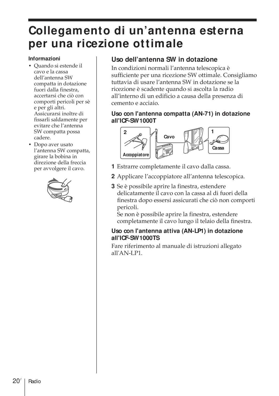 Sony ICF-SW1000TS Uso dell’antenna SW in dotazione, 20I, Uso con lantenna compatta AN-71 in dotazione allICF-SW1000T 