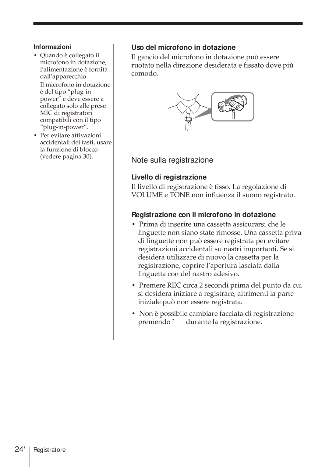 Sony ICF-SW1000TS operating instructions 24I, Uso del microfono in dotazione, Livello di registrazione 