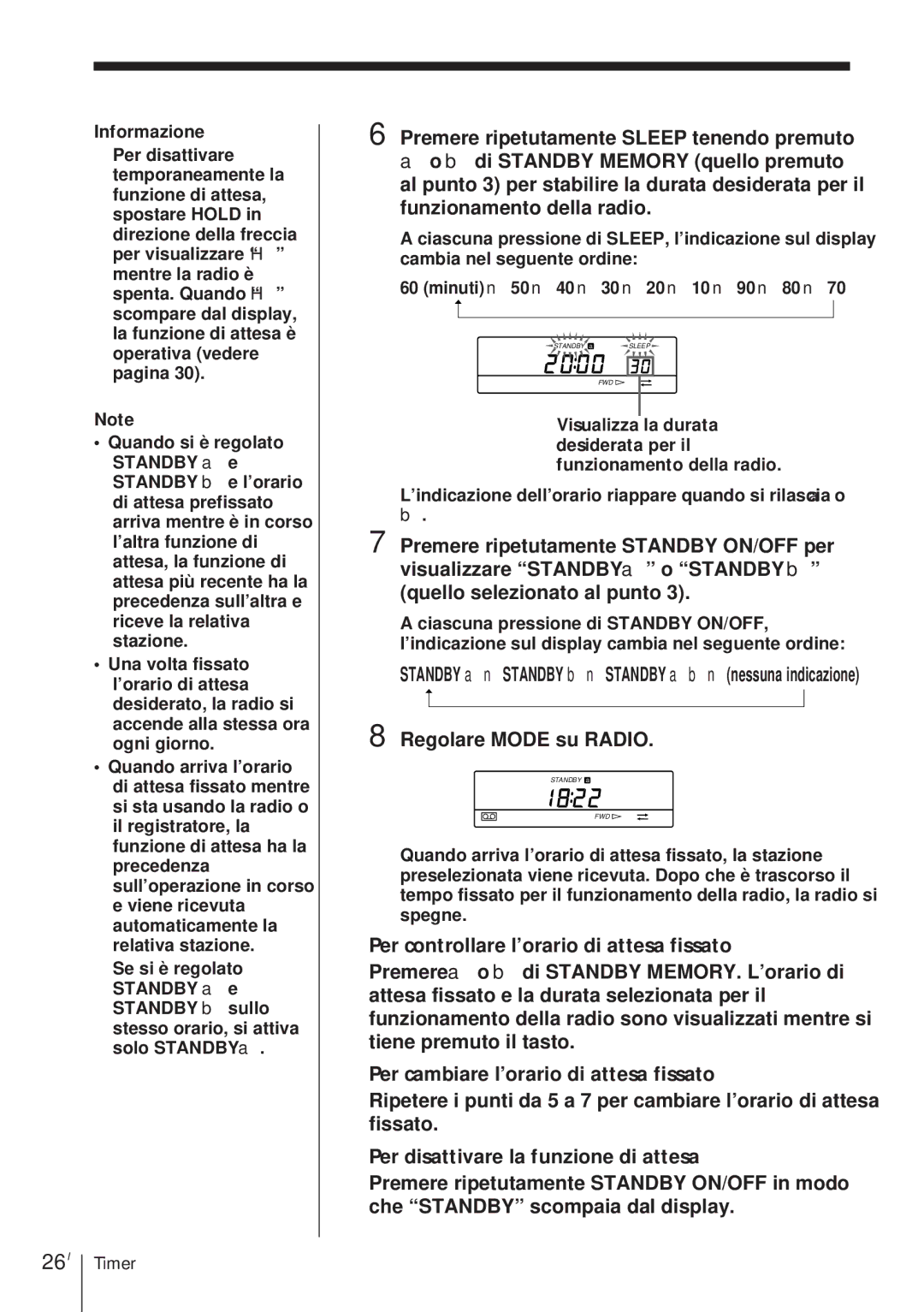 Sony ICF-SW1000TS operating instructions 26I, Regolare Mode su Radio, Per controllare l’orario di attesa fissato 